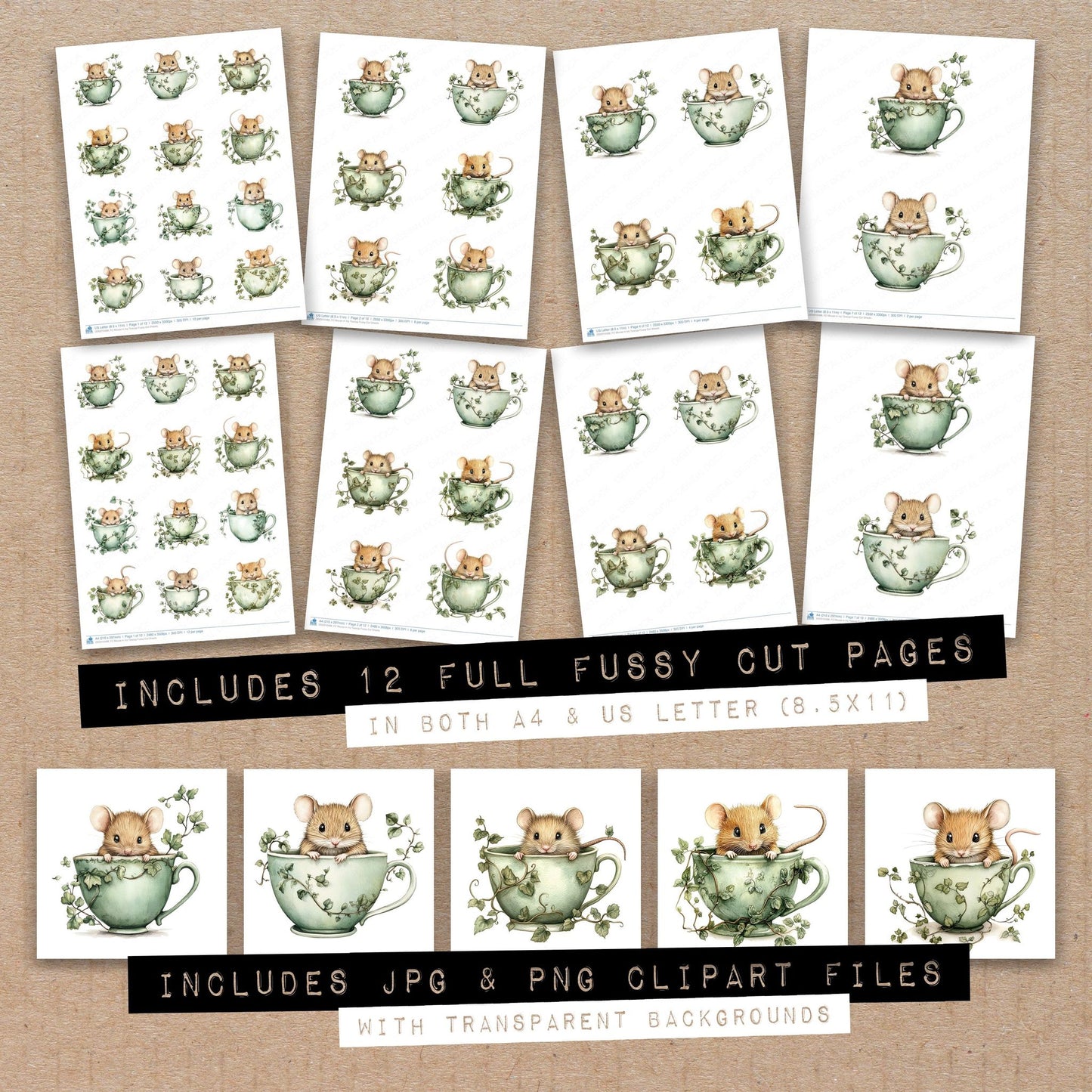 Mouse in Ivy Teacup Fussy Cut Sheets (DDD010488)