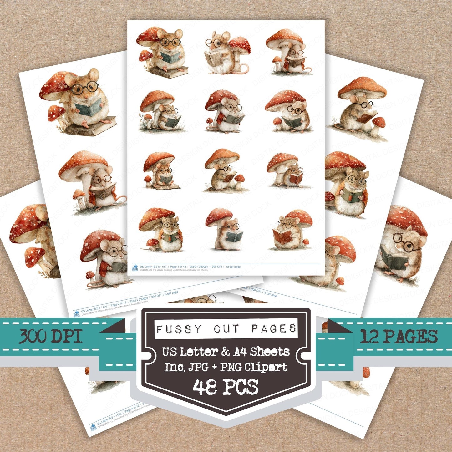 DDD010490_FC Mouse Reading Under Mushroom Fussy Cut Sheets