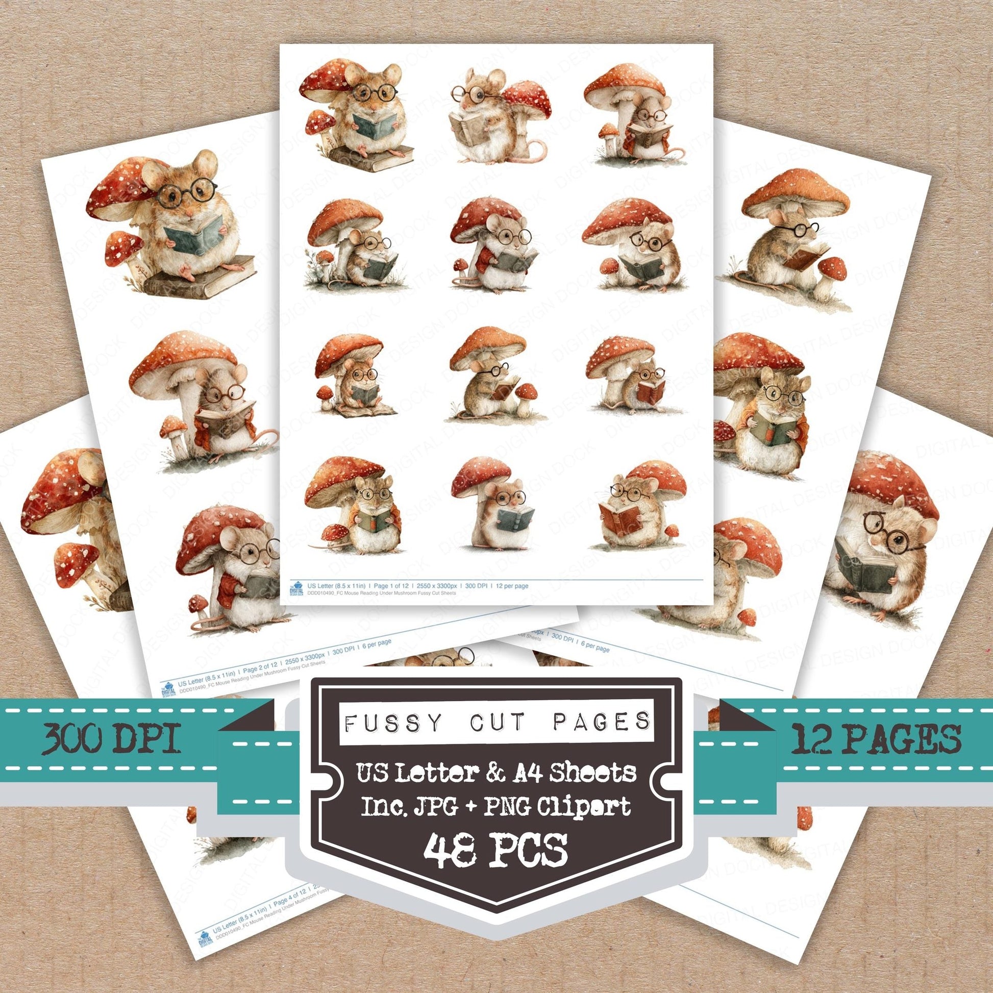 DDD010490_FC Mouse Reading Under Mushroom Fussy Cut Sheets