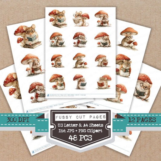 DDD010490_FC Mouse Reading Under Mushroom Fussy Cut Sheets
