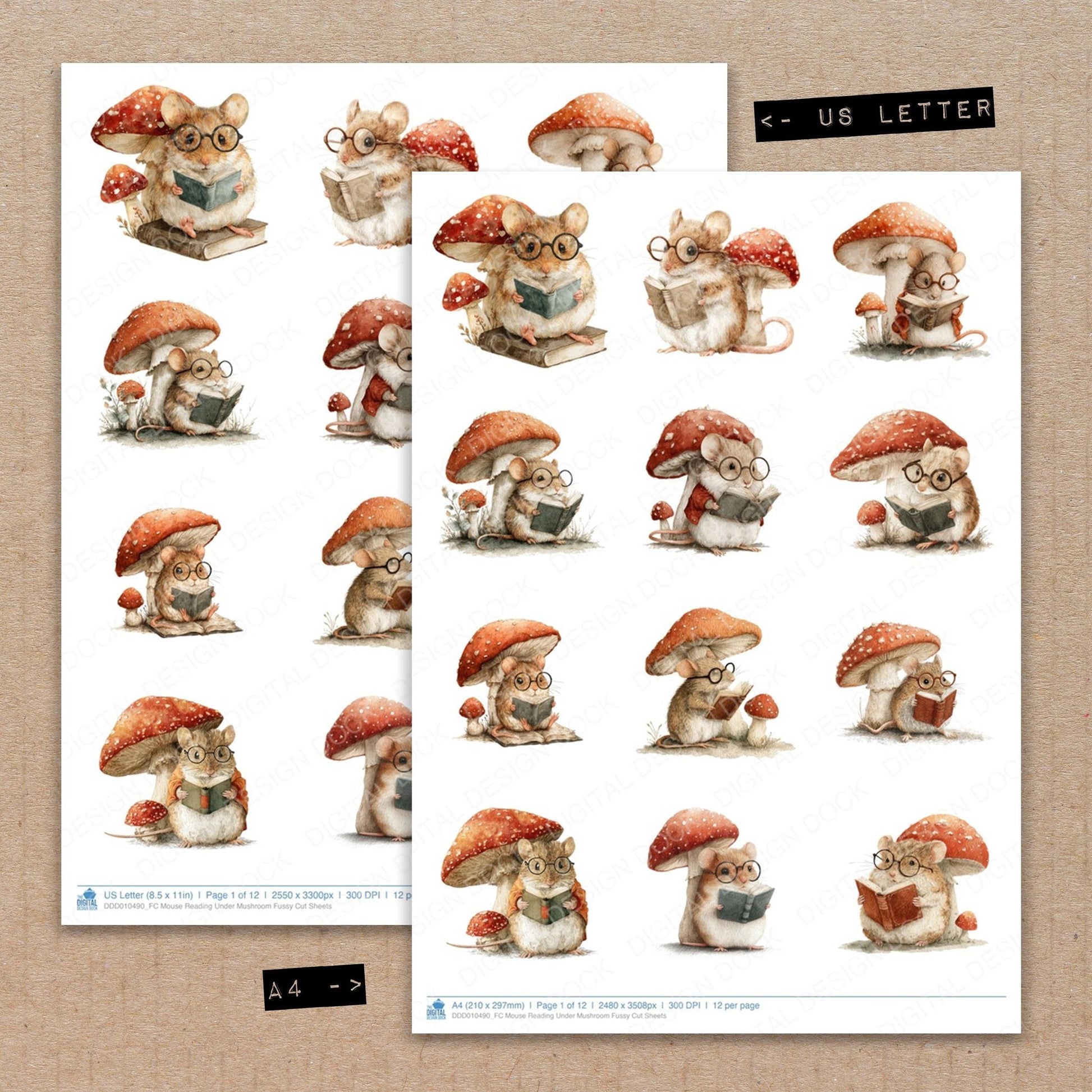 DDD010490_FC Mouse Reading Under Mushroom Fussy Cut Sheets