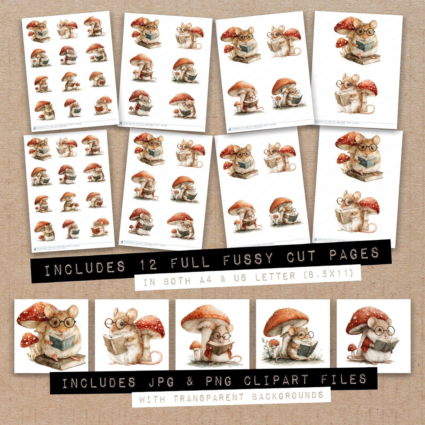 DDD010490_FC Mouse Reading Under Mushroom Fussy Cut Sheets