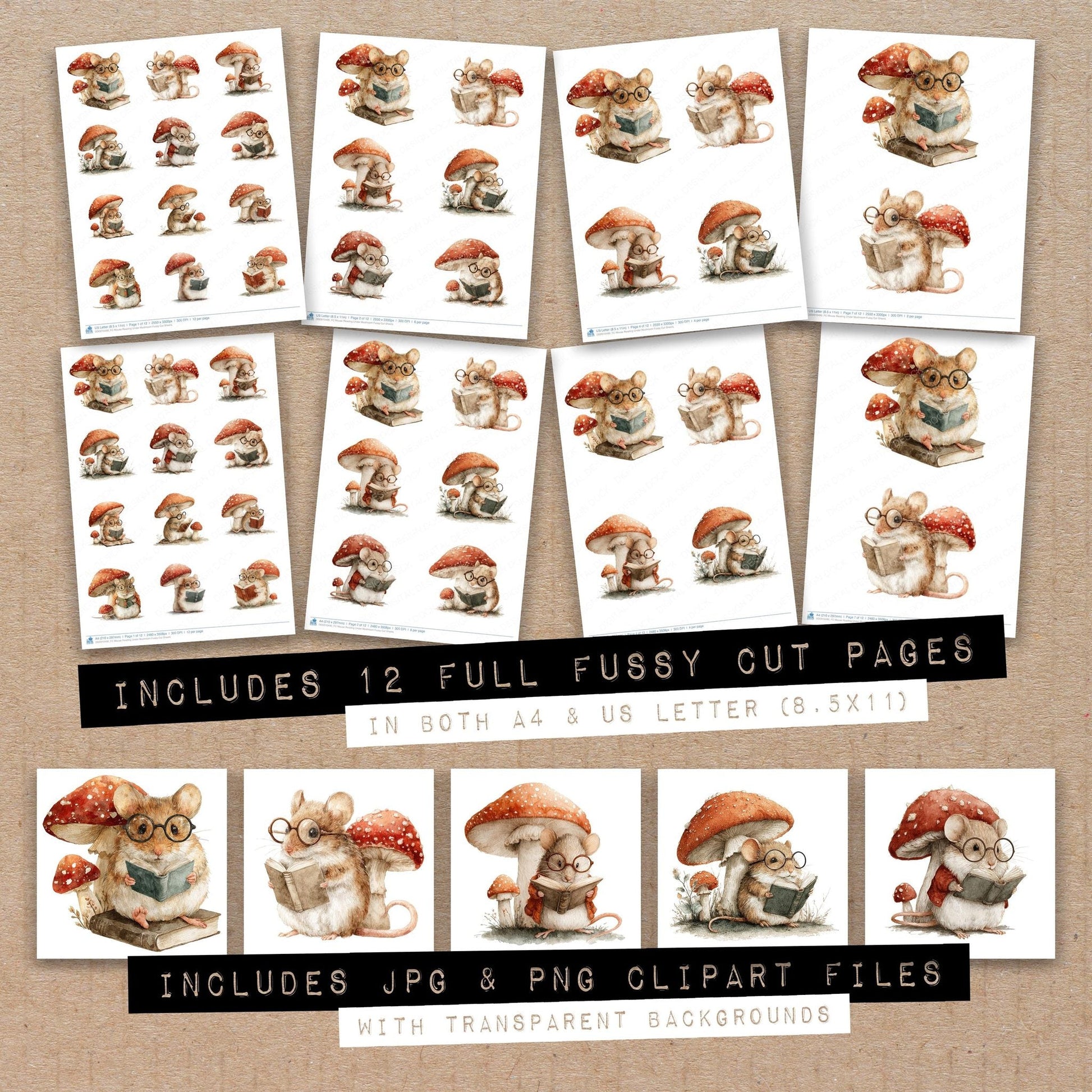 DDD010490_FC Mouse Reading Under Mushroom Fussy Cut Sheets