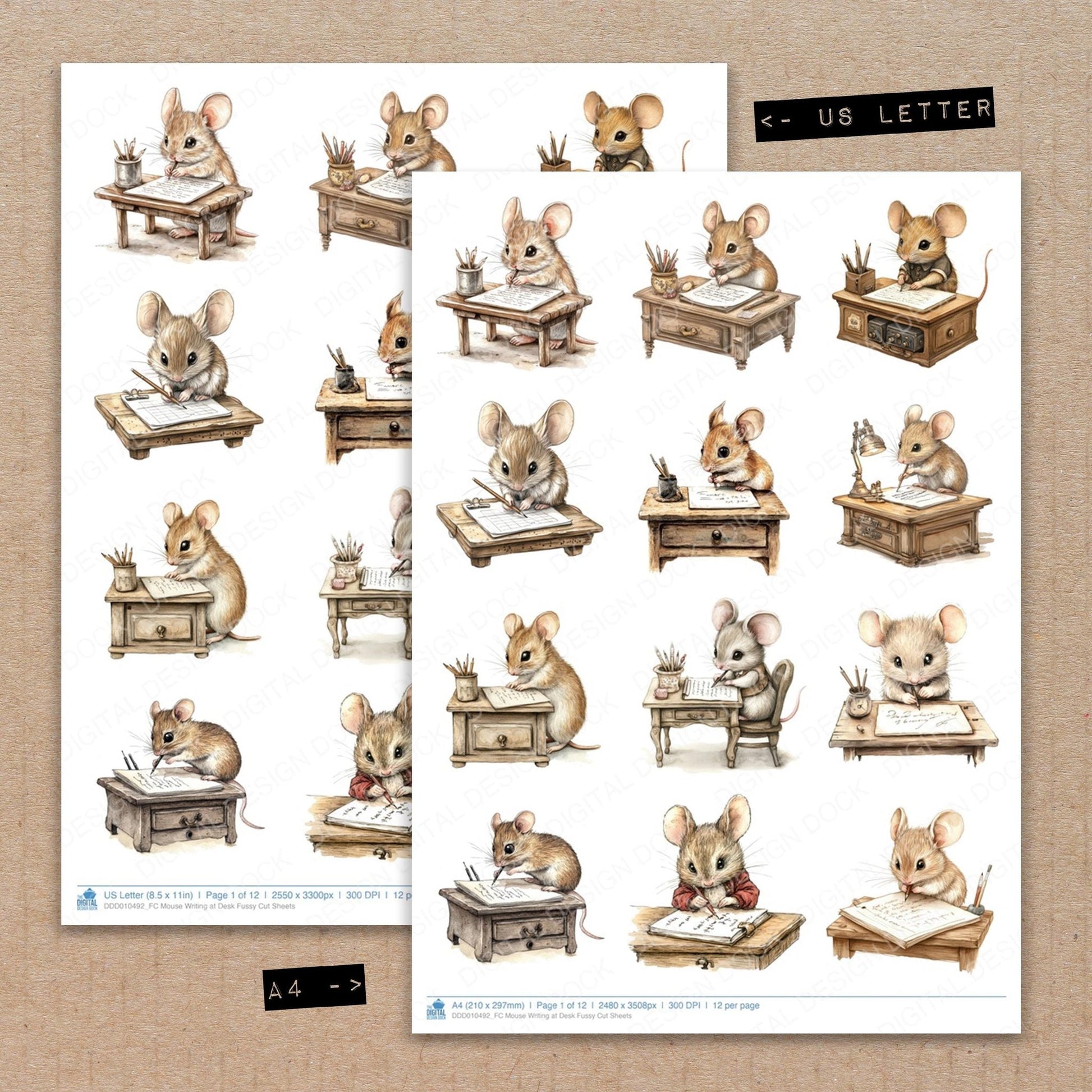 DDD010492_FC Mouse Writing at Desk Fussy Cut Sheets