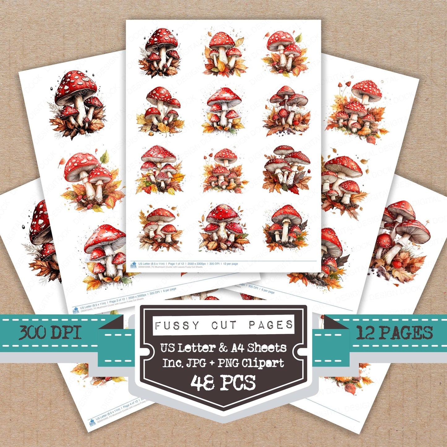 DDD010495_FC Mushroom Cluster with Leaves Fussy Cut Sheets