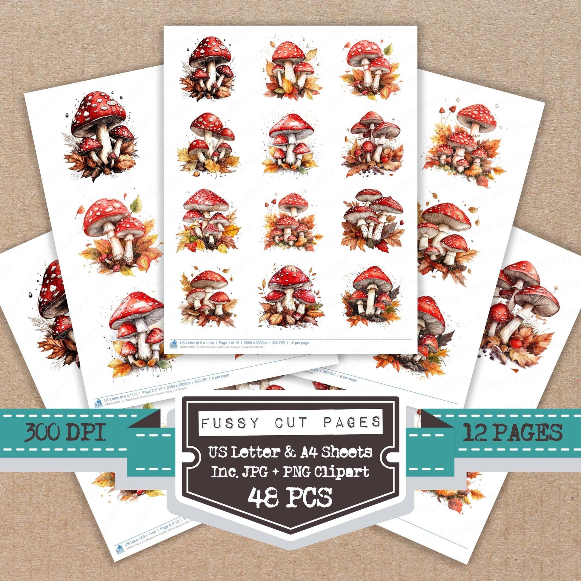 DDD010495_FC Mushroom Cluster with Leaves Fussy Cut Sheets