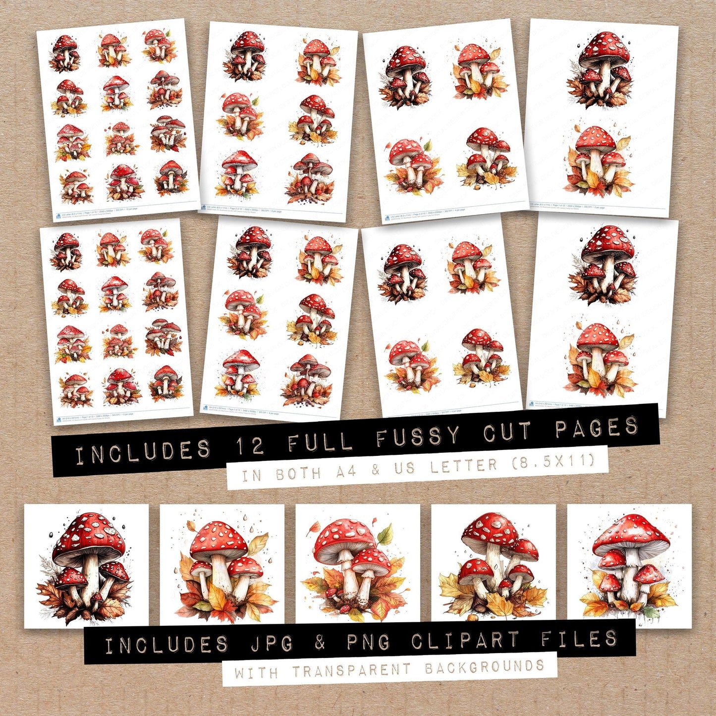 DDD010495_FC Mushroom Cluster with Leaves Fussy Cut Sheets