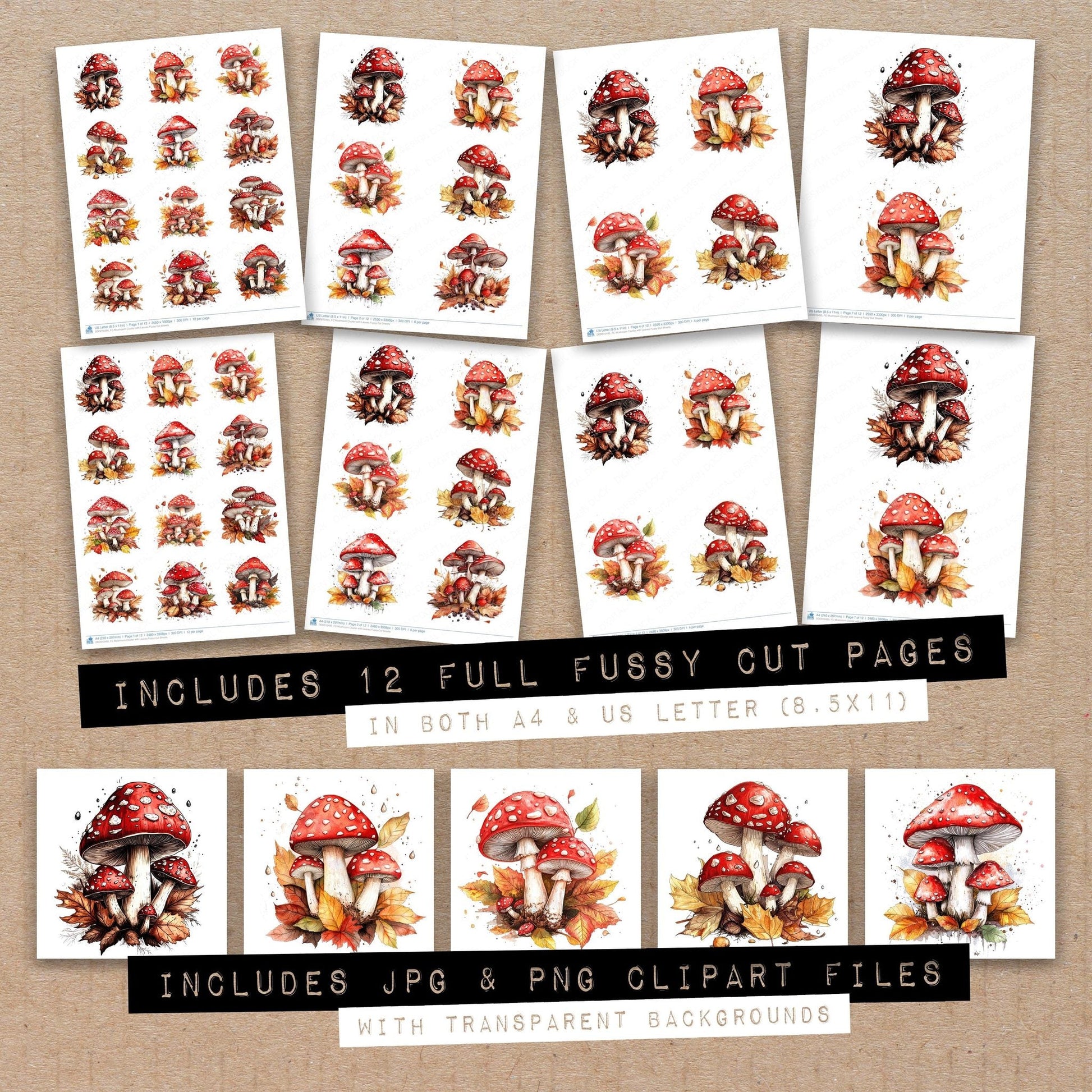 DDD010495_FC Mushroom Cluster with Leaves Fussy Cut Sheets