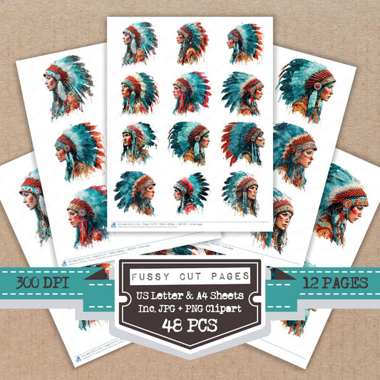 DDD010504_FC Native American Watercolour Portrait Fussy Cut Sheets