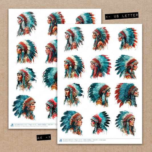 DDD010504_FC Native American Watercolour Portrait Fussy Cut Sheets