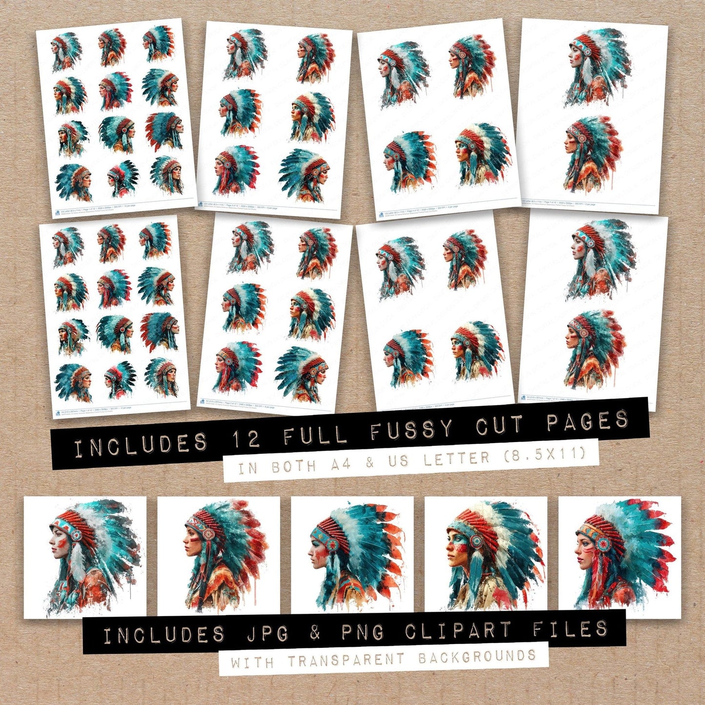 DDD010504_FC Native American Watercolour Portrait Fussy Cut Sheets