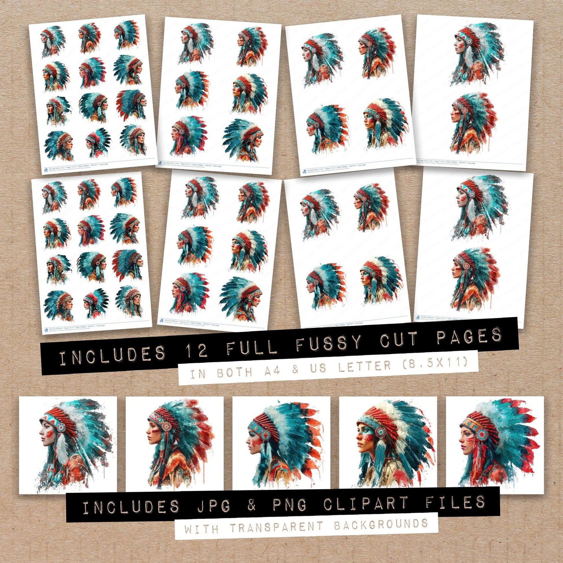 DDD010504_FC Native American Watercolour Portrait Fussy Cut Sheets