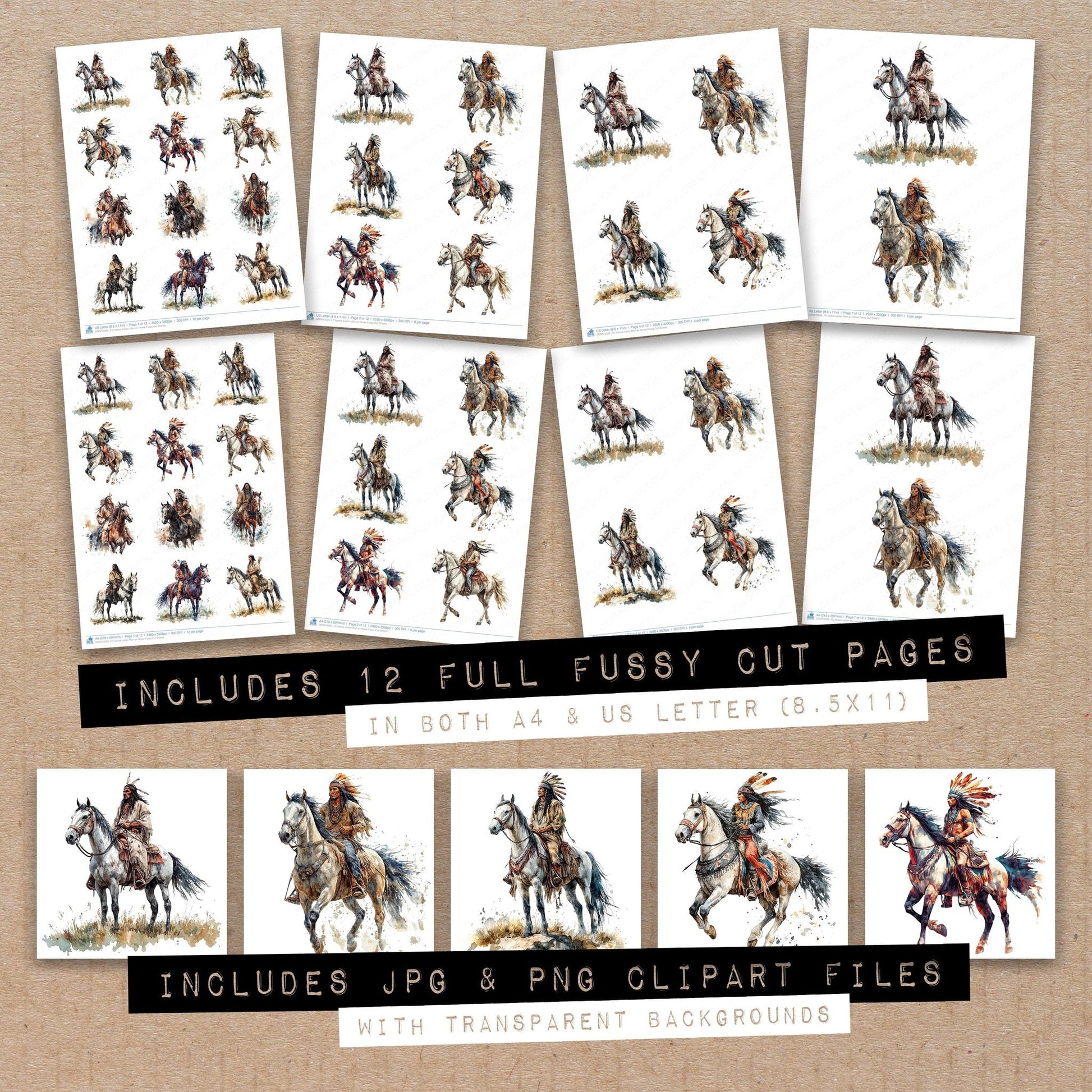 DDD010505_FC Native Indian Man on Horse Fussy Cut Sheets