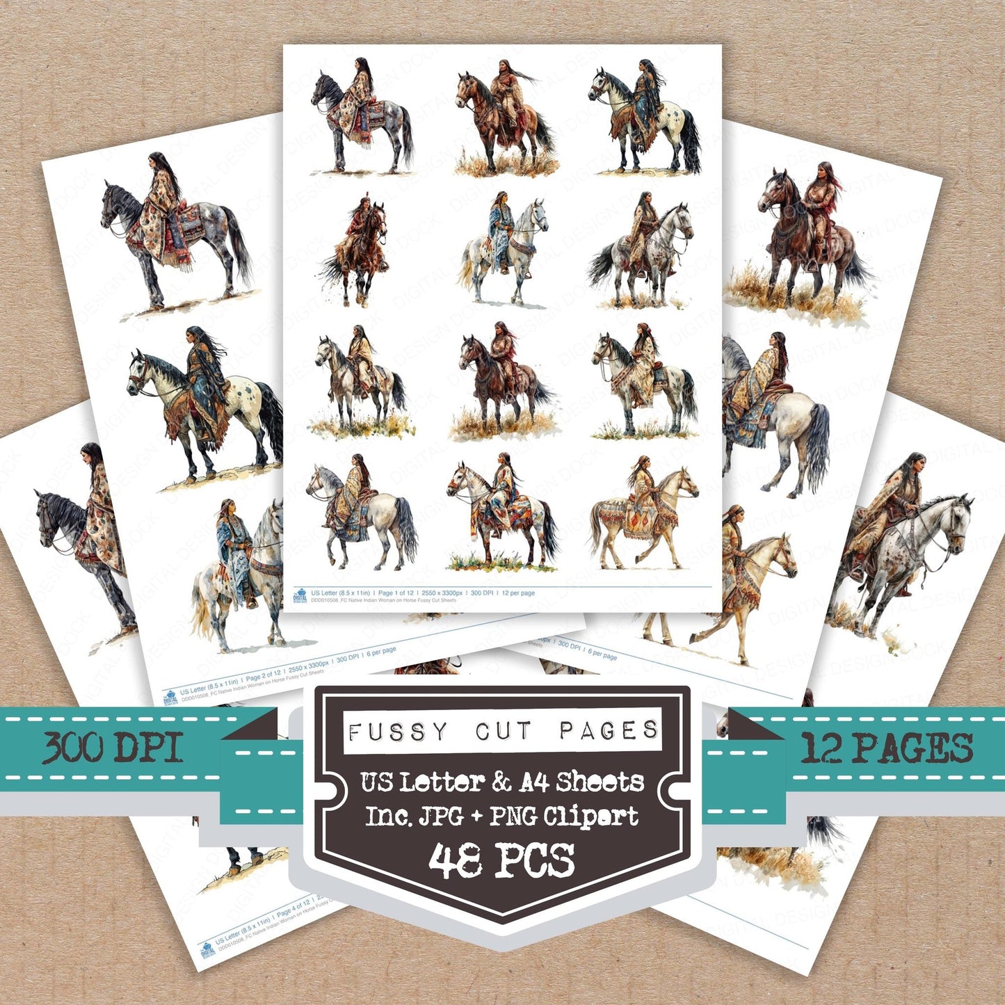 DDD010508_FC Native Indian Woman on Horse Fussy Cut Sheets