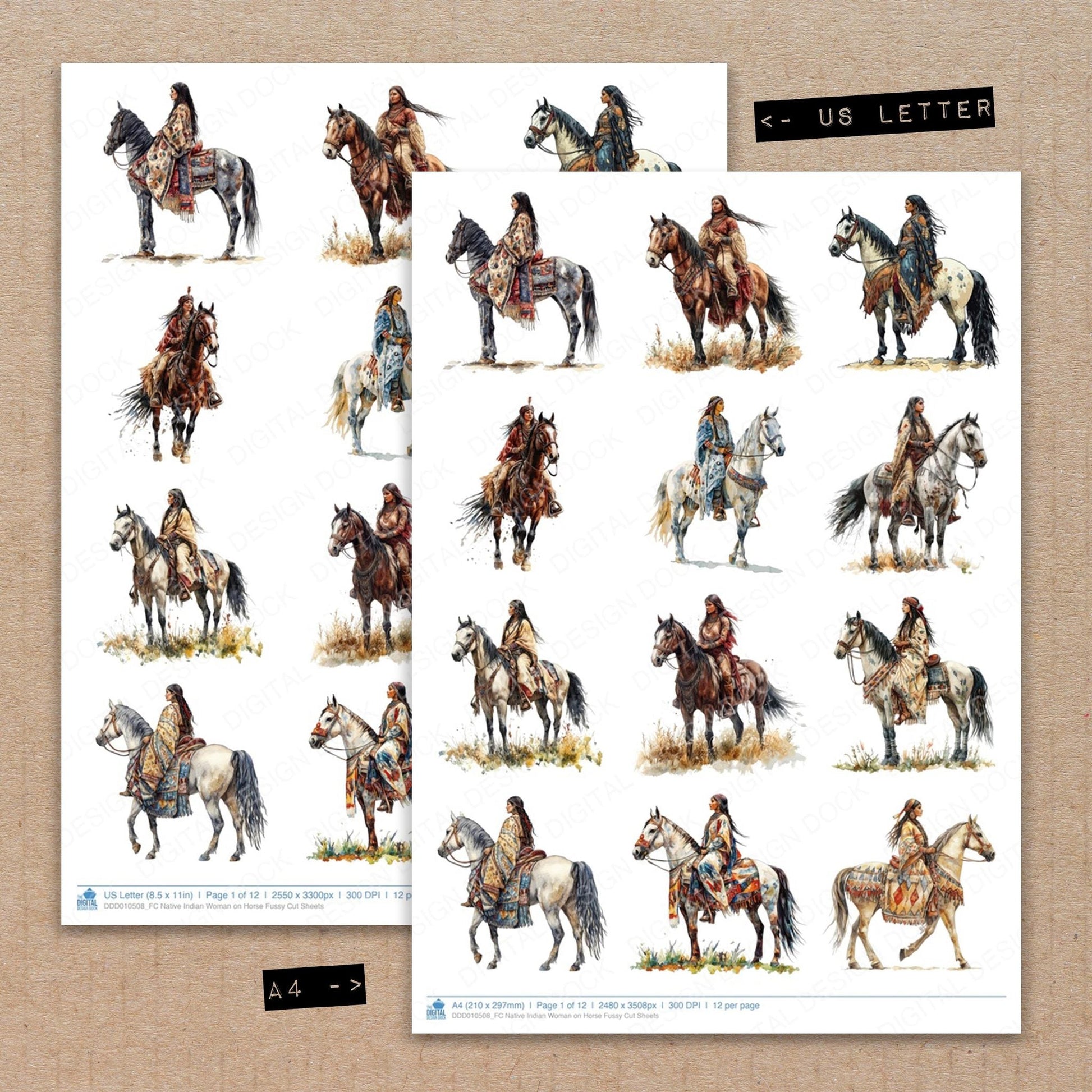 DDD010508_FC Native Indian Woman on Horse Fussy Cut Sheets