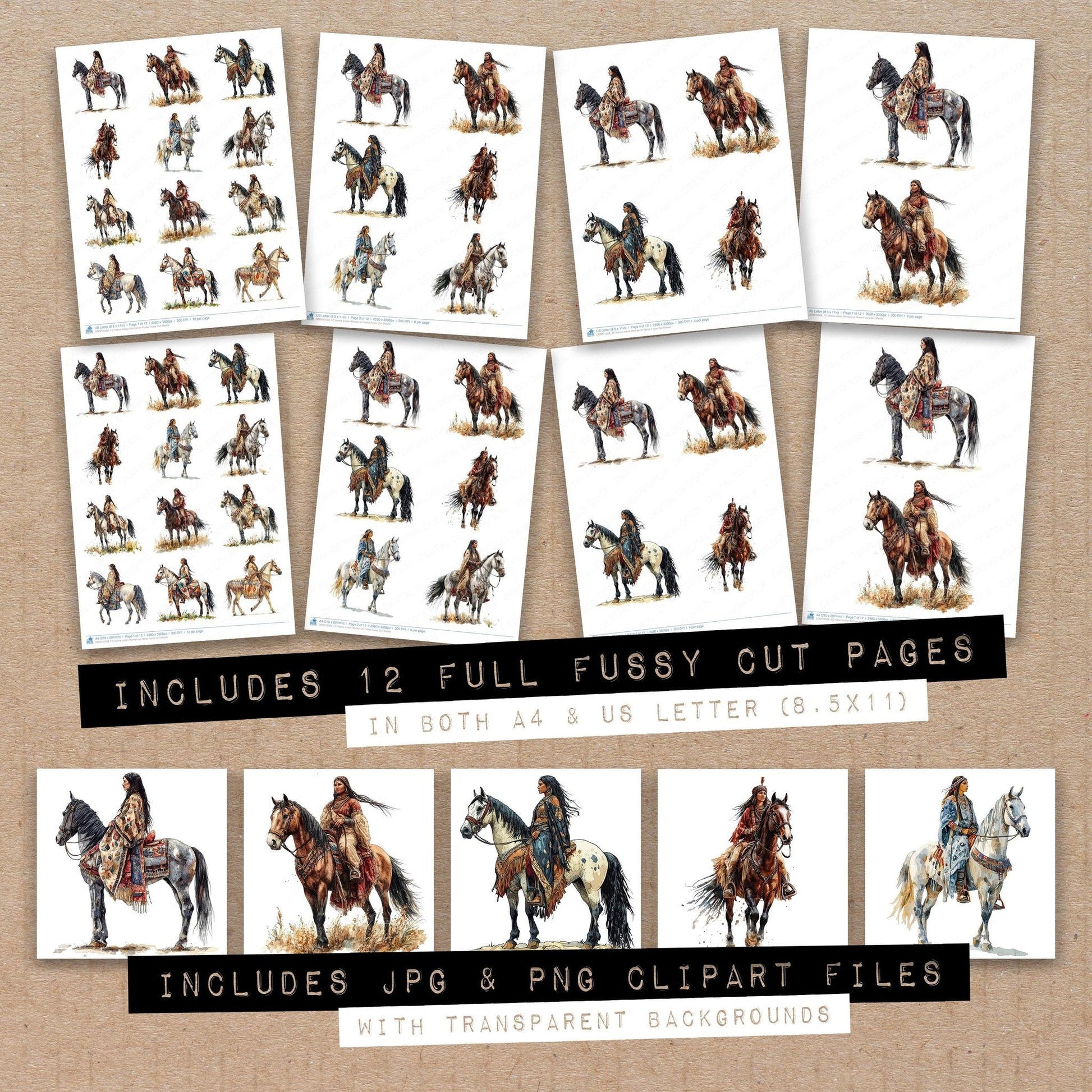 DDD010508_FC Native Indian Woman on Horse Fussy Cut Sheets