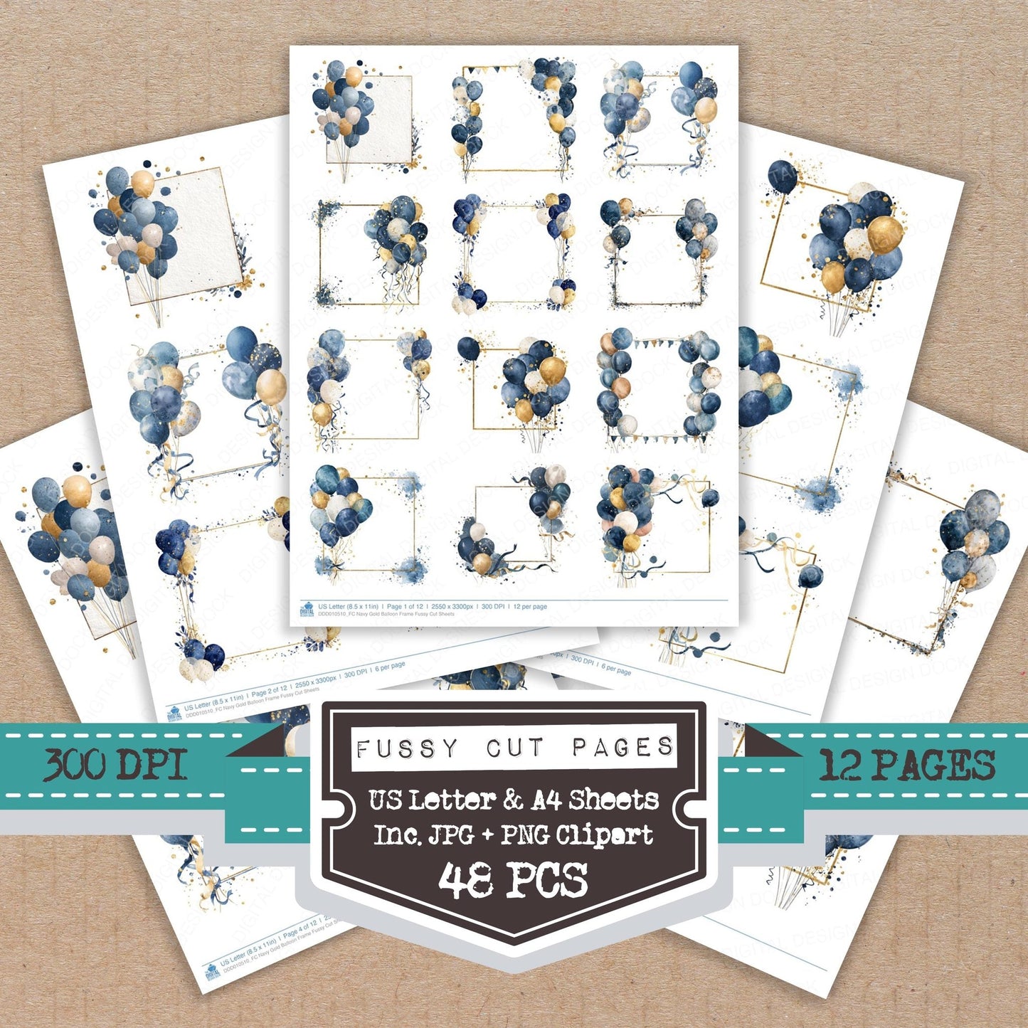 DDD010510_FC Navy Gold Balloon Frame Fussy Cut Sheets