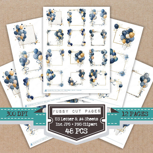 DDD010510_FC Navy Gold Balloon Frame Fussy Cut Sheets
