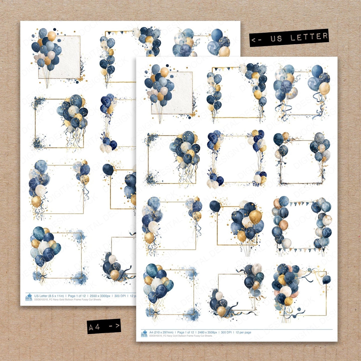 DDD010510_FC Navy Gold Balloon Frame Fussy Cut Sheets