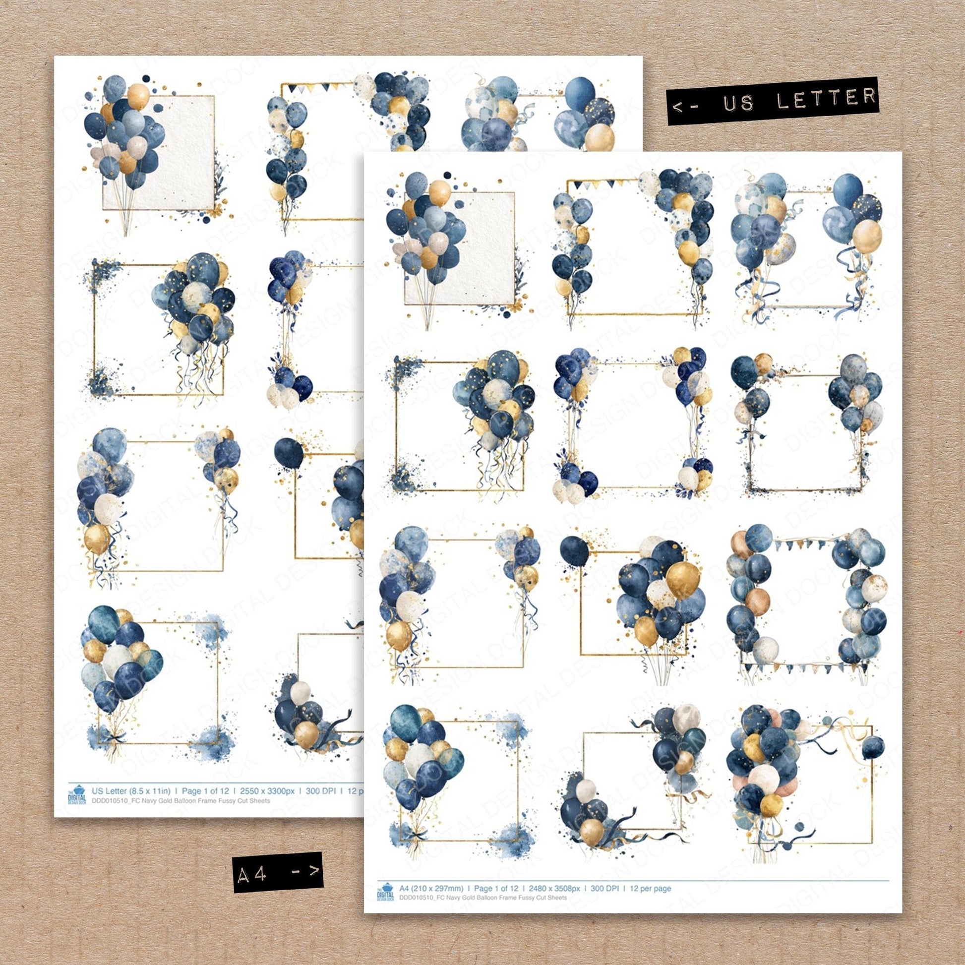 DDD010510_FC Navy Gold Balloon Frame Fussy Cut Sheets