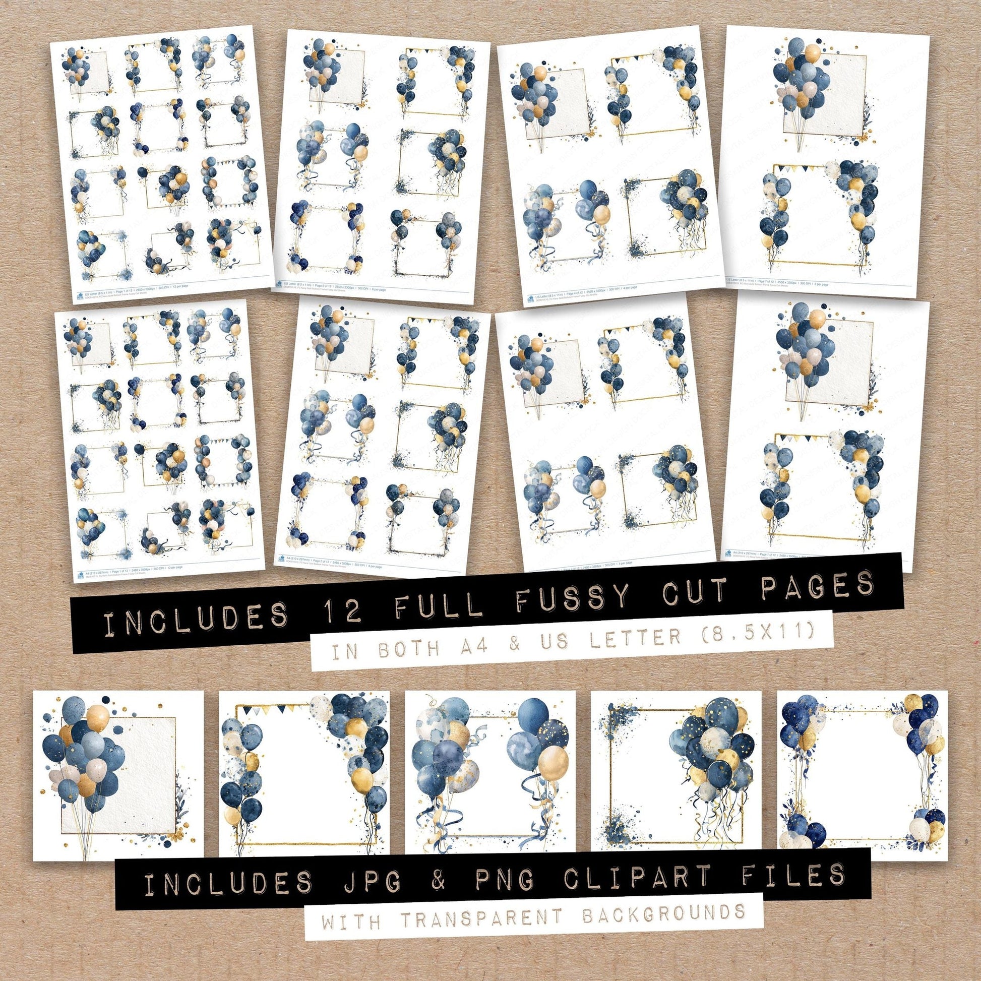 DDD010510_FC Navy Gold Balloon Frame Fussy Cut Sheets