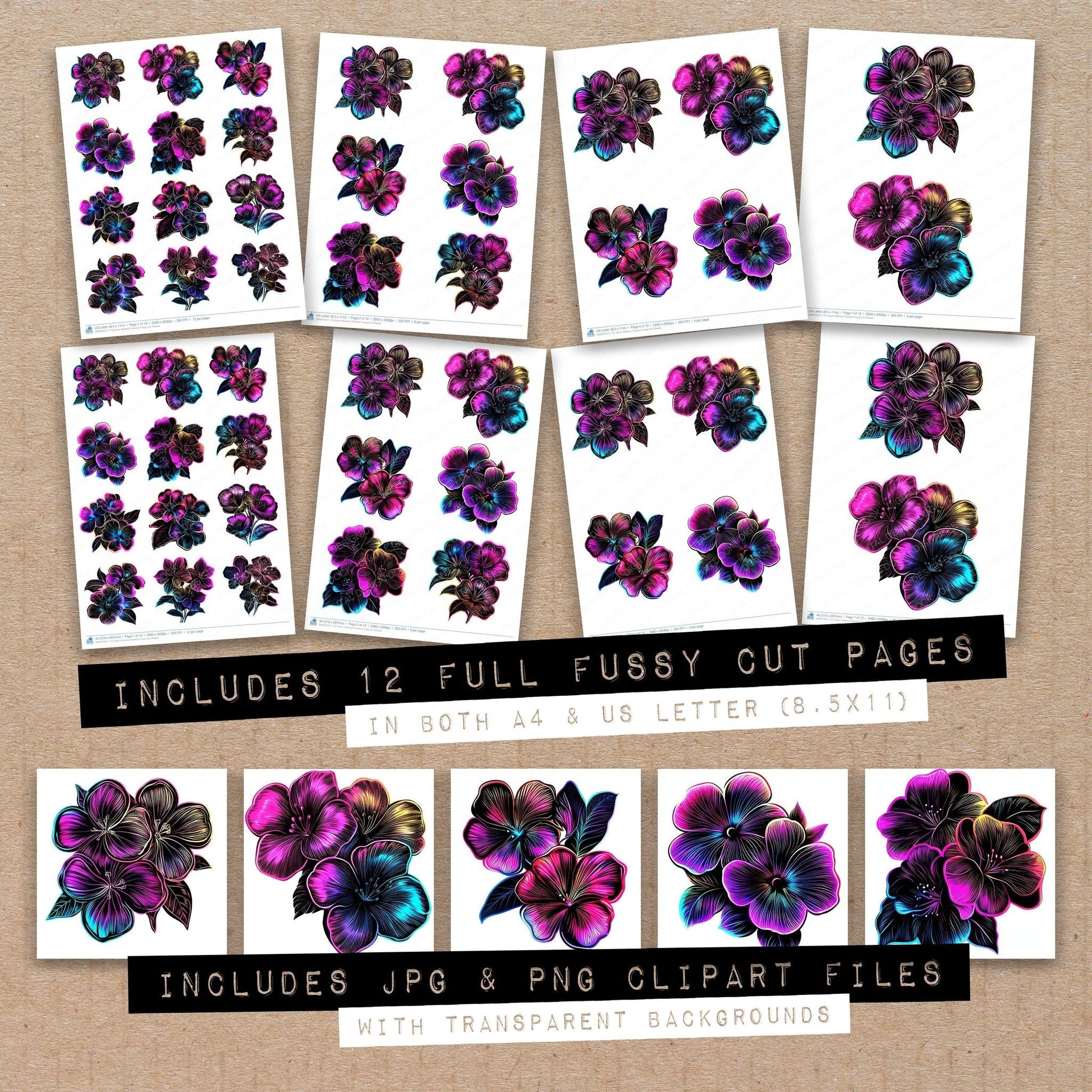 DDD010511_FC Neon Abstract Flowers Fussy Cut Sheets
