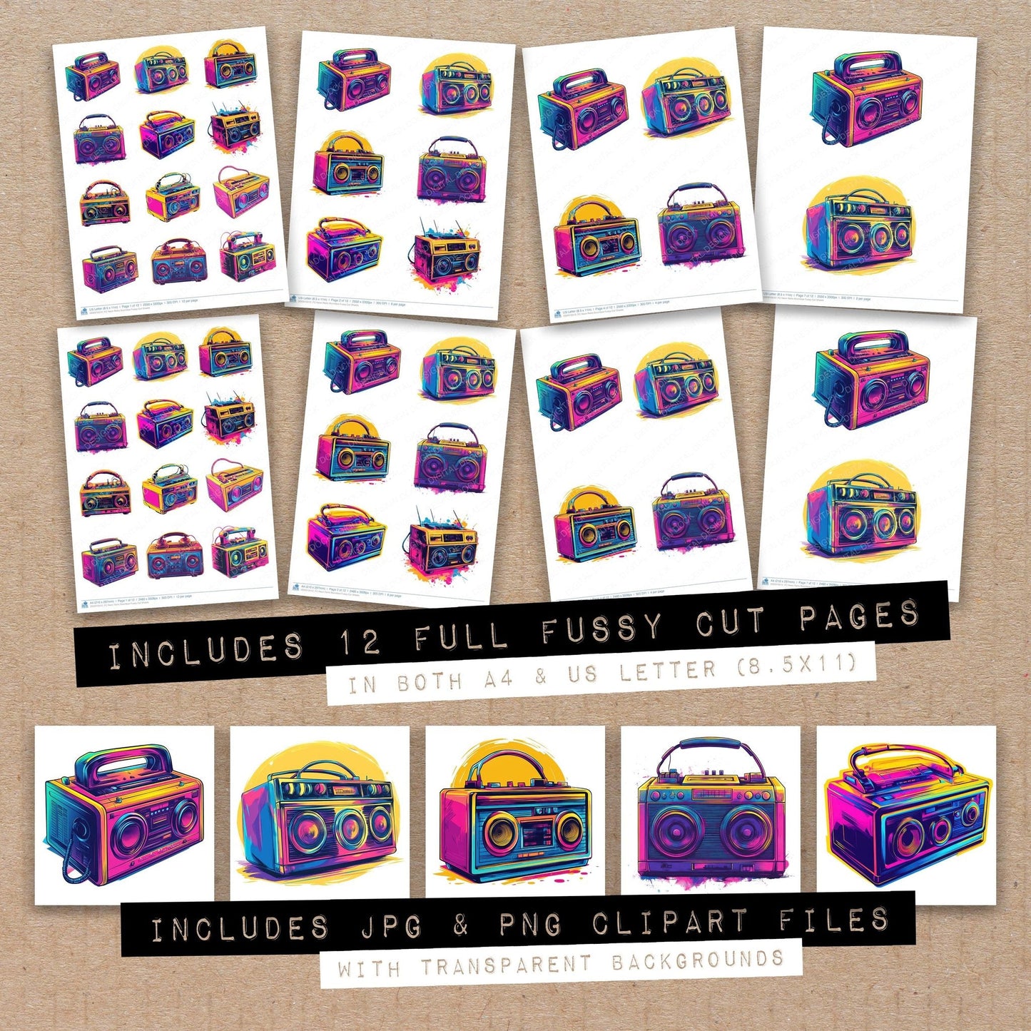 DDD010512_FC Neon Retro Boombox Fussy Cut Sheets