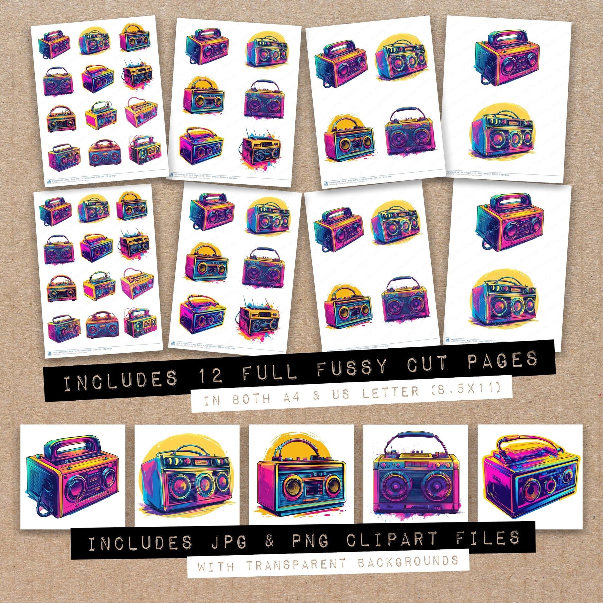 DDD010512_FC Neon Retro Boombox Fussy Cut Sheets