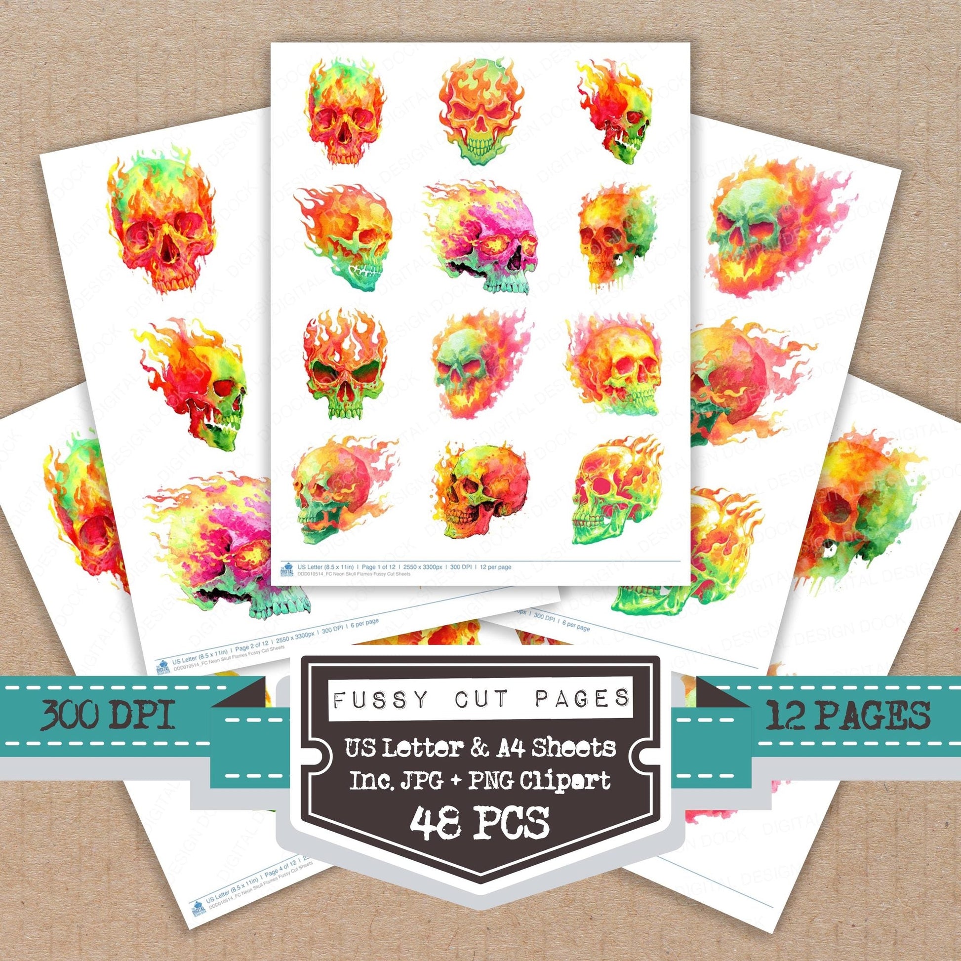 DDD010514_FC Neon Skull Flames Fussy Cut Sheets