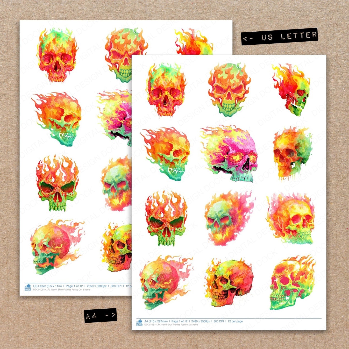 DDD010514_FC Neon Skull Flames Fussy Cut Sheets