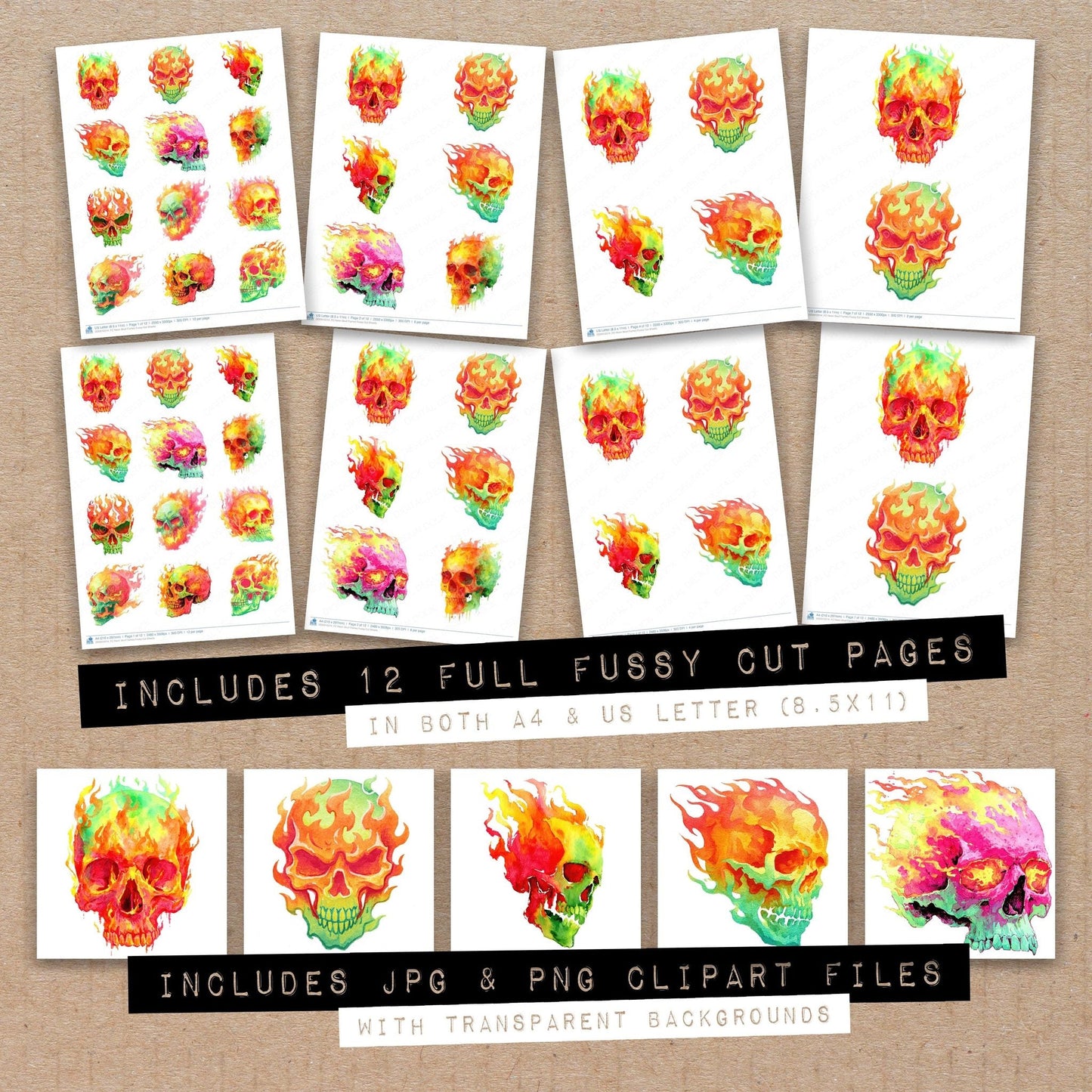 DDD010514_FC Neon Skull Flames Fussy Cut Sheets