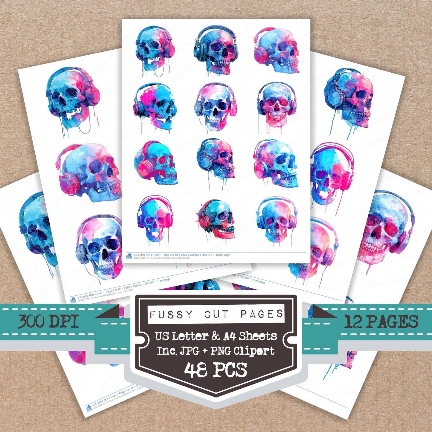Neon Skull Headphones Fussy Cut Sheets (DDD010515)