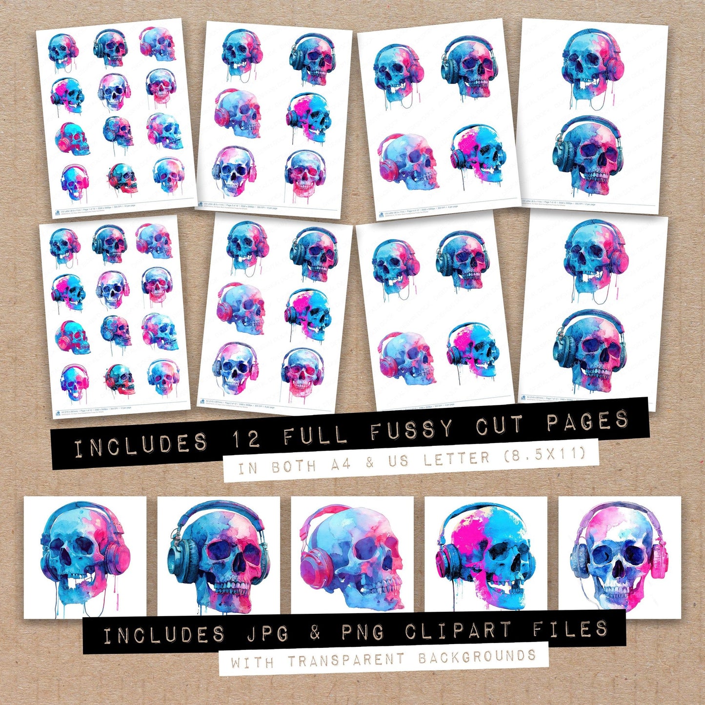 Neon Skull Headphones Fussy Cut Sheets (DDD010515)