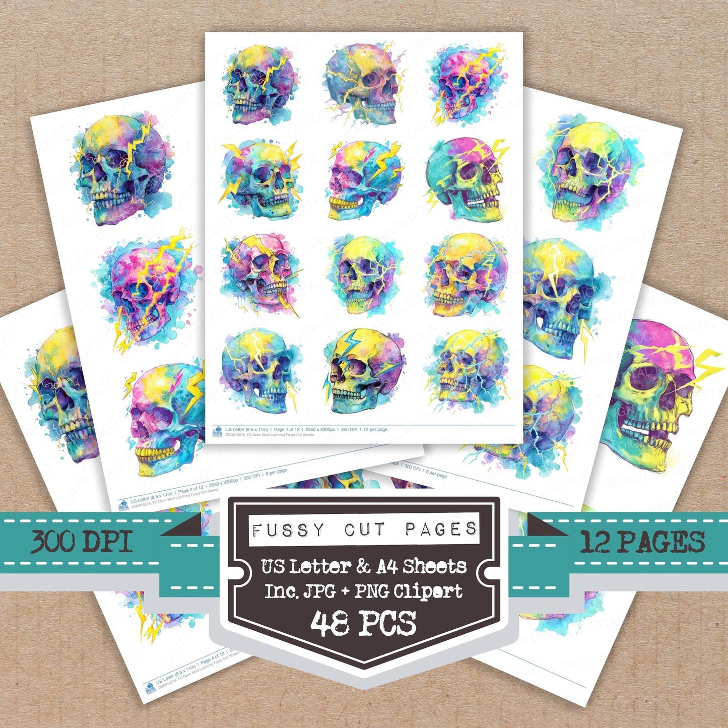 DDD010516_FC Neon Skull Lightning Fussy Cut Sheets