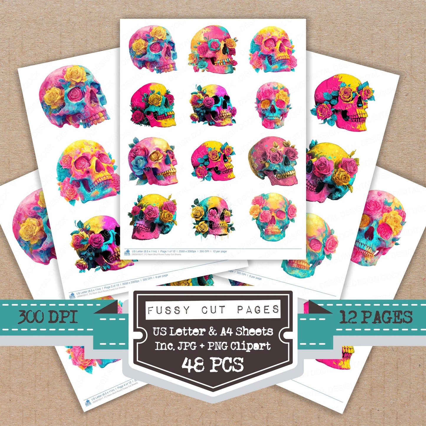 Neon Skull Roses Fussy Cut Sheets (DDD010517)
