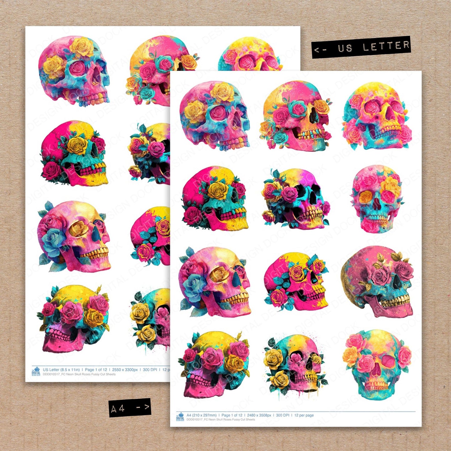 Neon Skull Roses Fussy Cut Sheets (DDD010517)