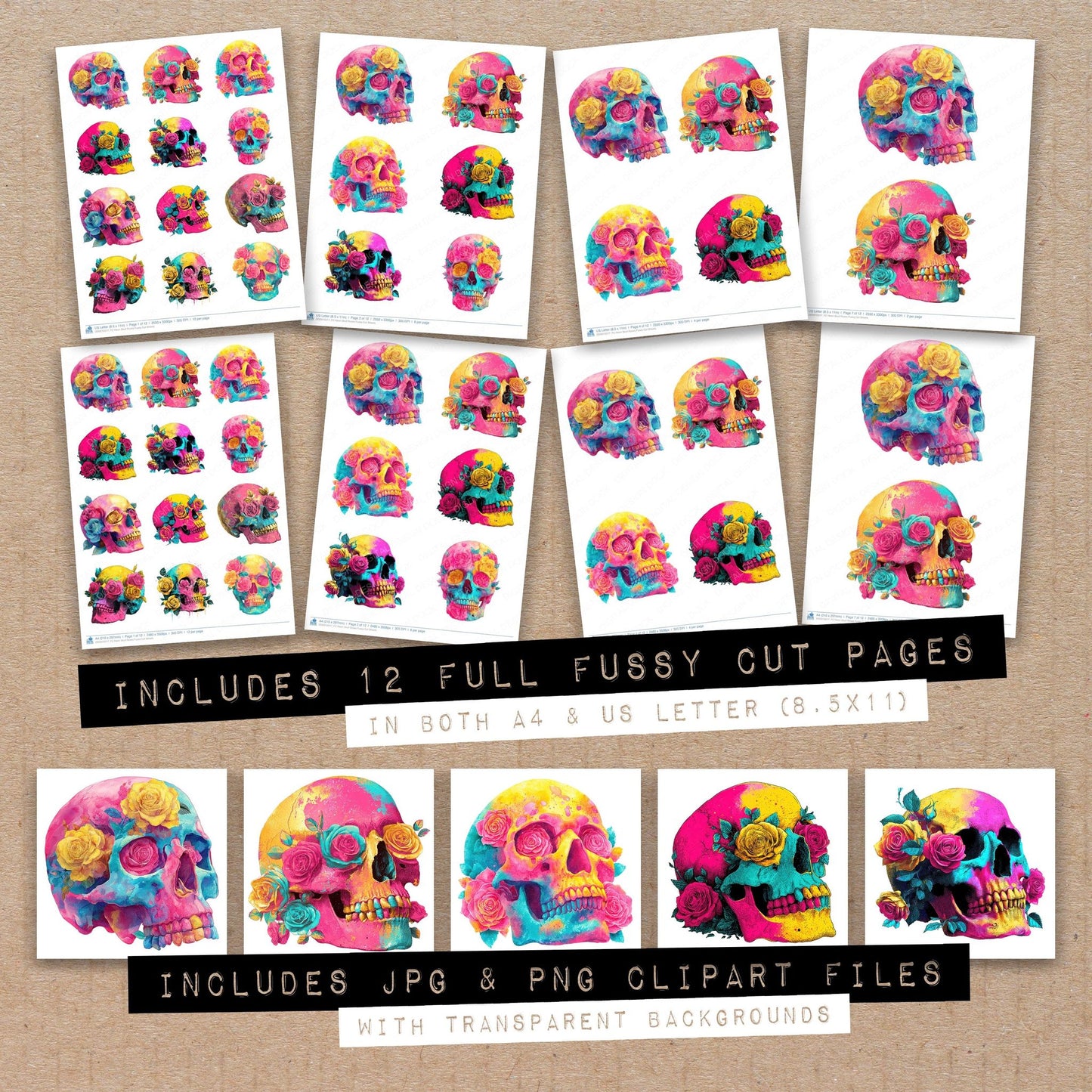 Neon Skull Roses Fussy Cut Sheets (DDD010517)