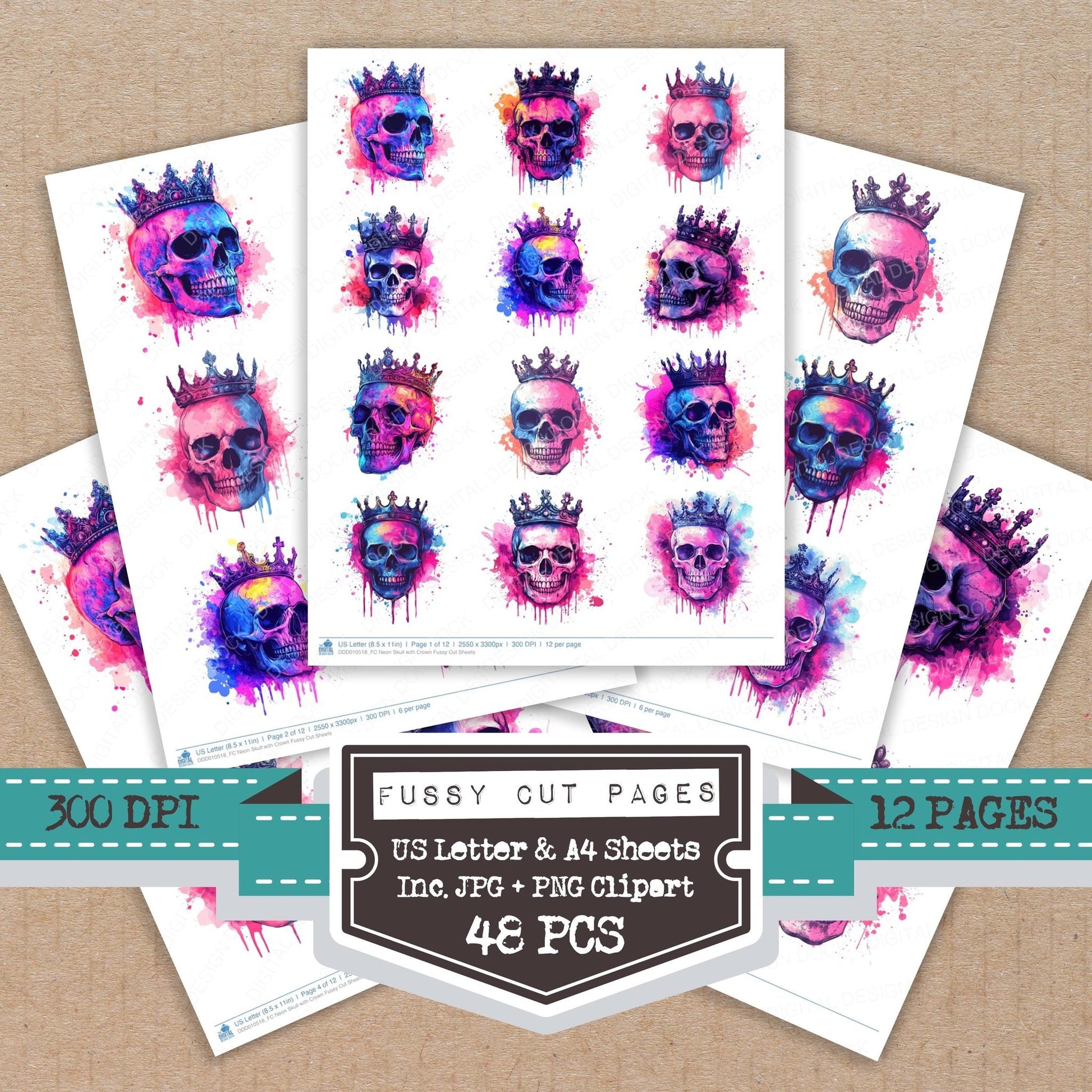 DDD010518_FC Neon Skull with Crown Fussy Cut Sheets