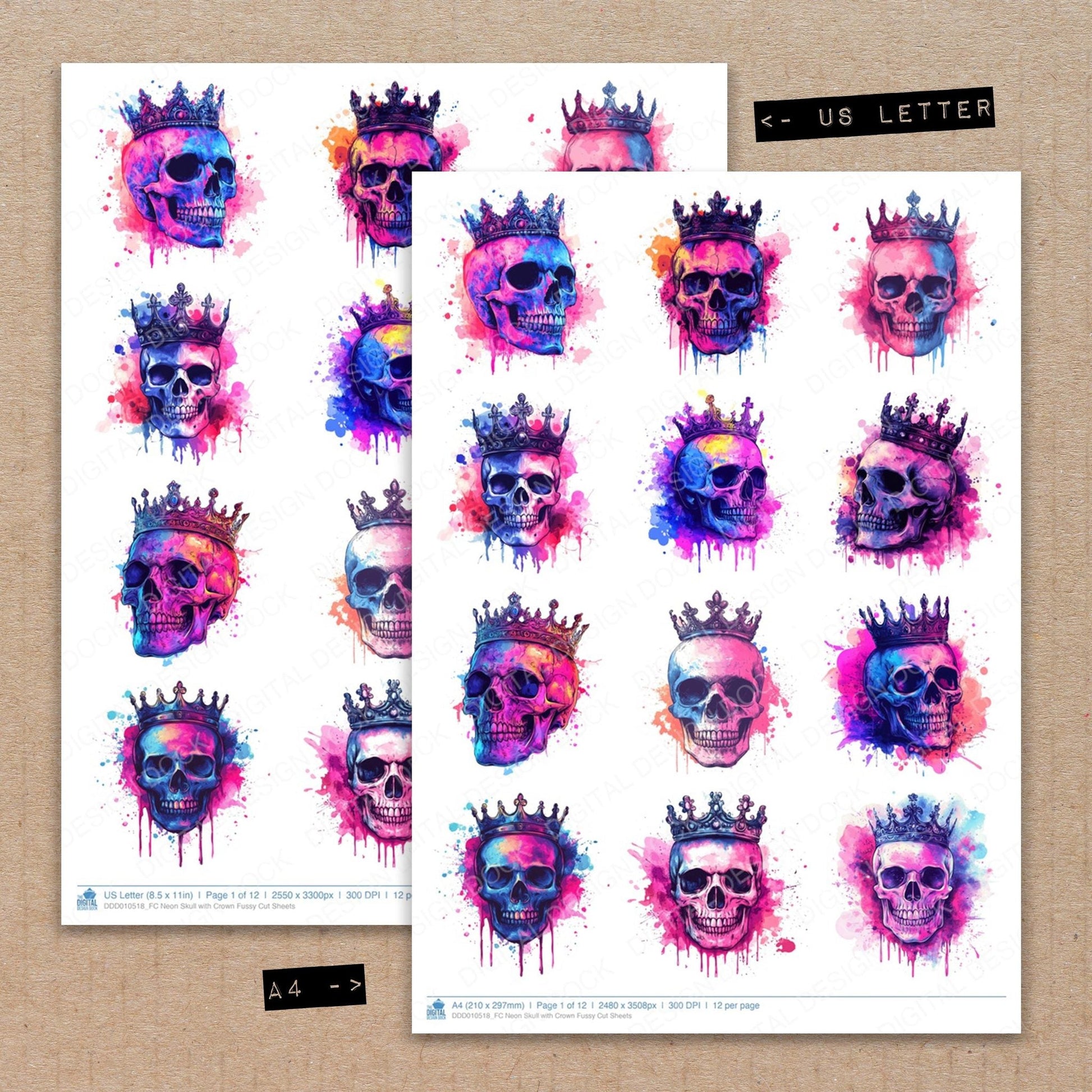 DDD010518_FC Neon Skull with Crown Fussy Cut Sheets
