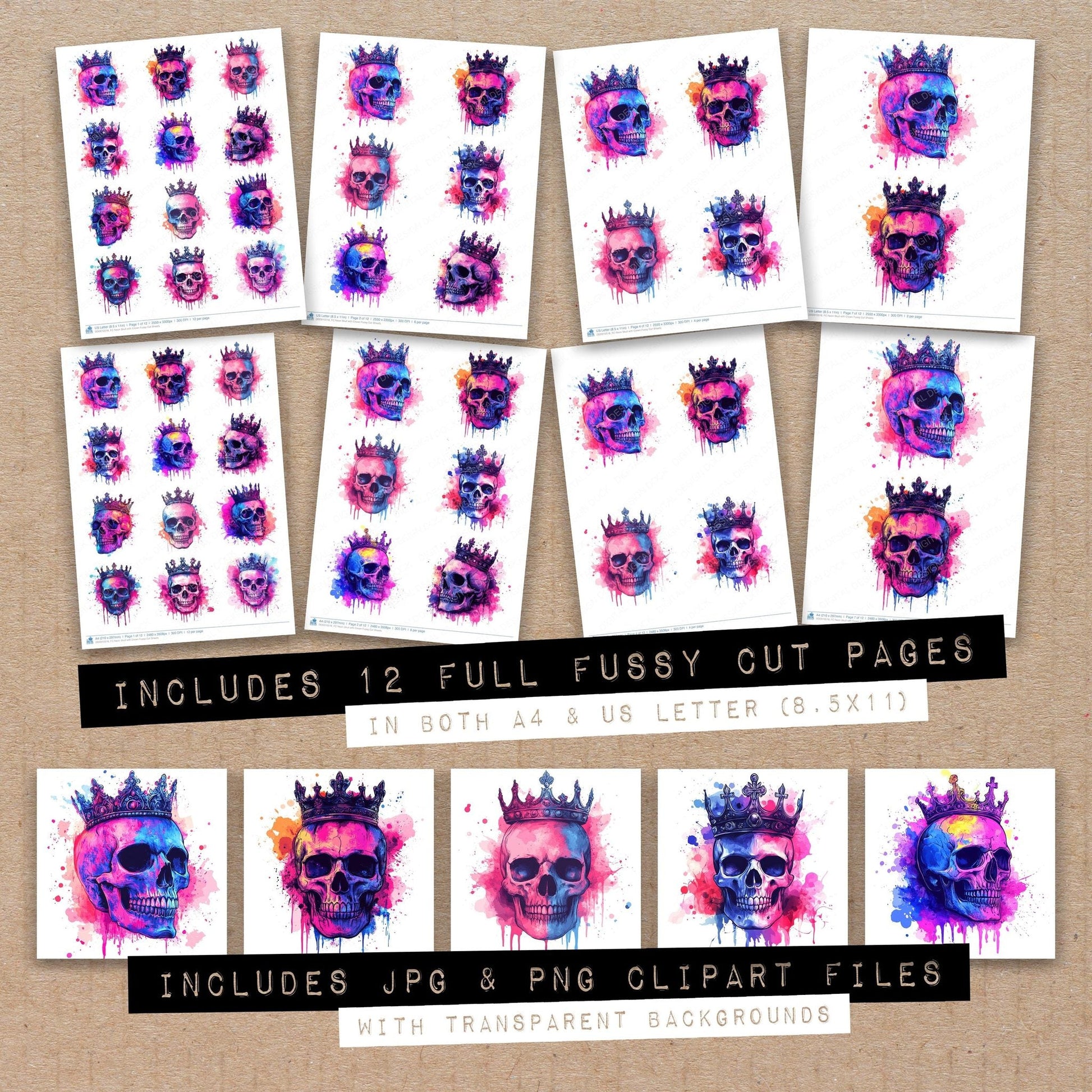 DDD010518_FC Neon Skull with Crown Fussy Cut Sheets