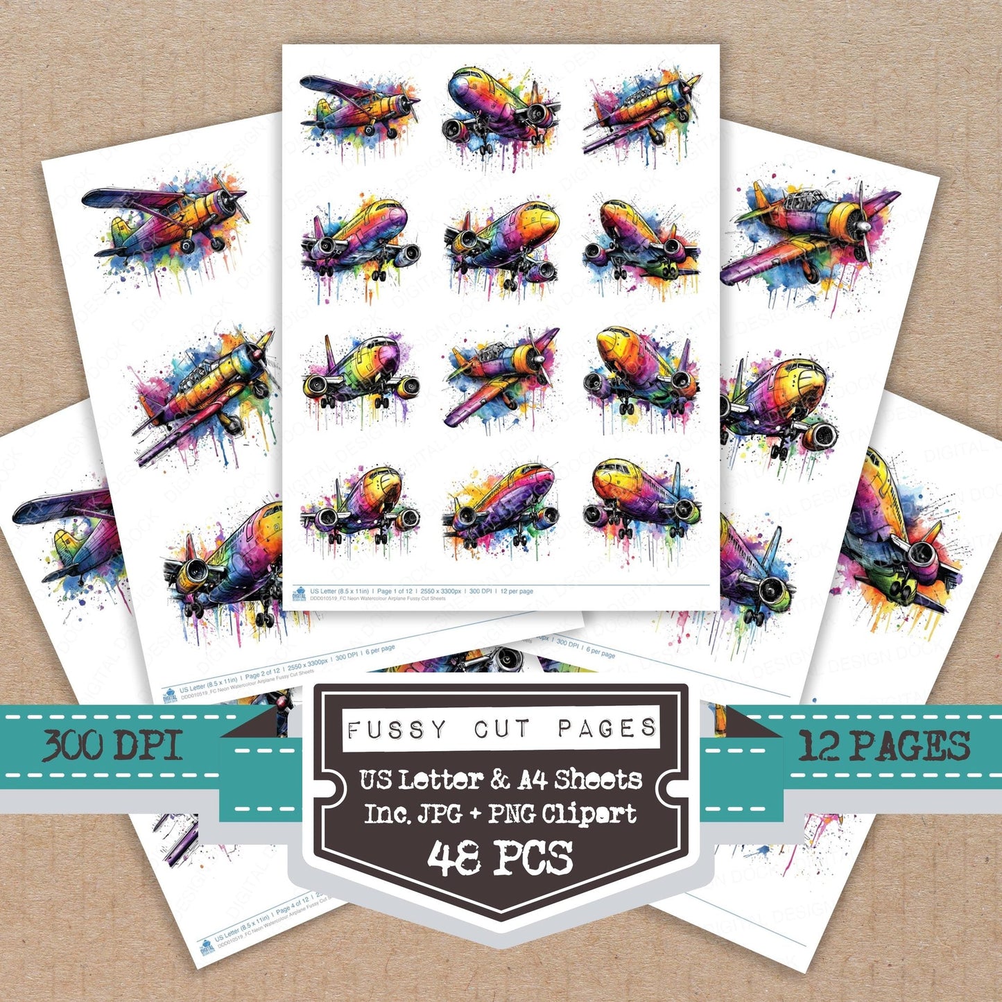 DDD010519_FC Neon Watercolour Airplane Fussy Cut Sheets
