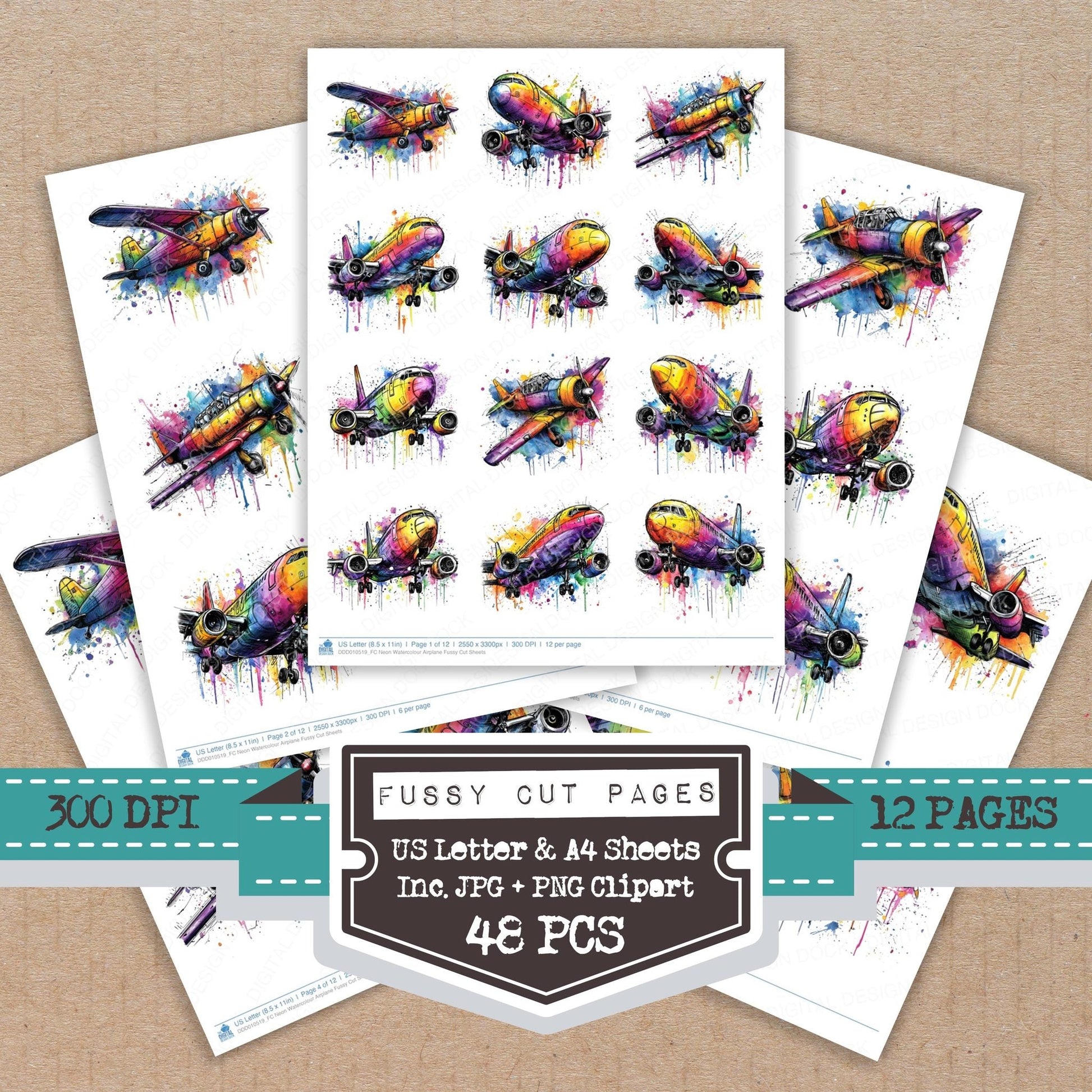 DDD010519_FC Neon Watercolour Airplane Fussy Cut Sheets