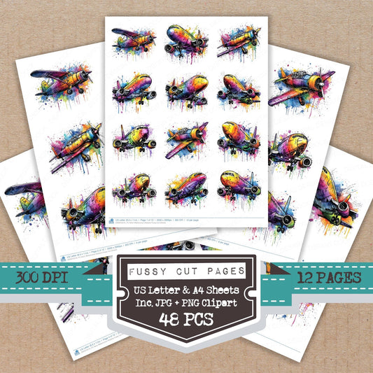 DDD010519_FC Neon Watercolour Airplane Fussy Cut Sheets