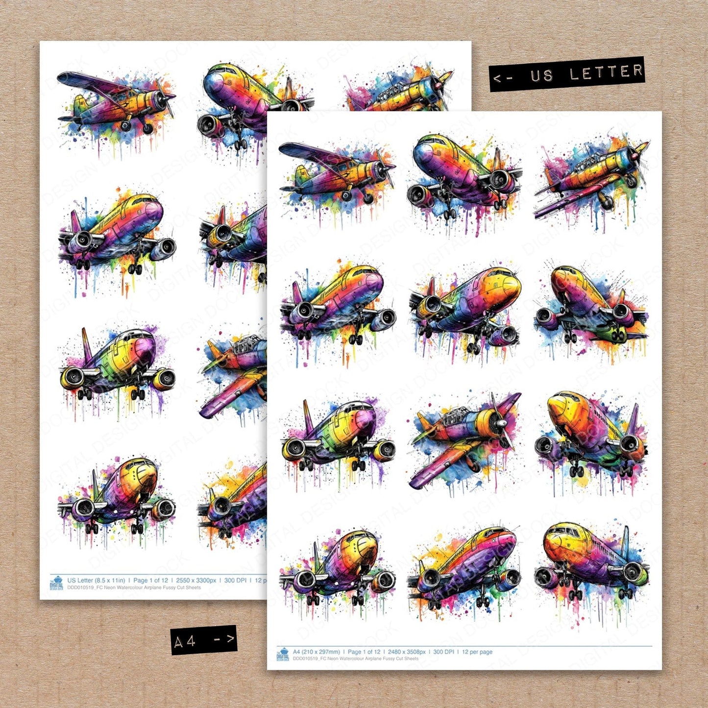 DDD010519_FC Neon Watercolour Airplane Fussy Cut Sheets