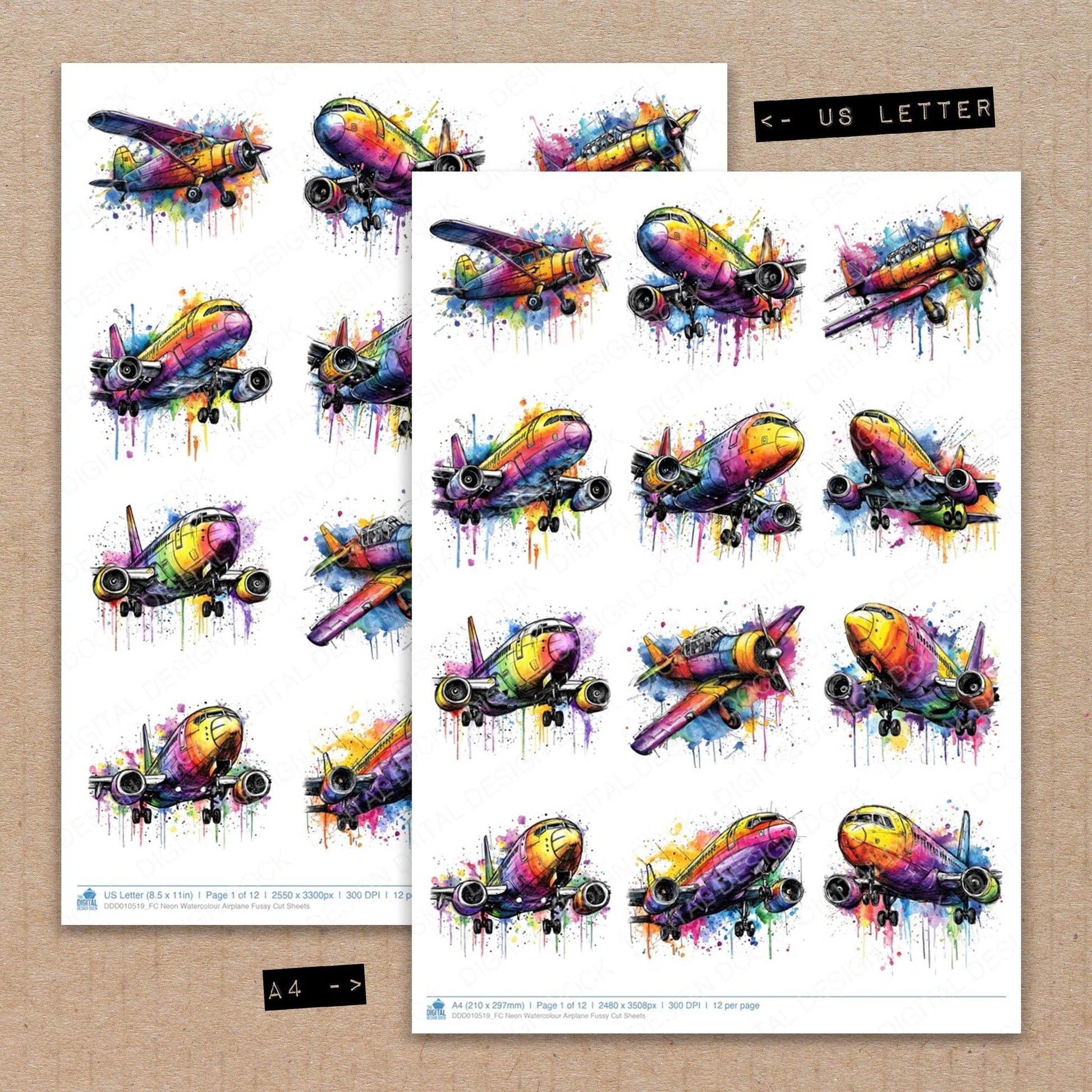 DDD010519_FC Neon Watercolour Airplane Fussy Cut Sheets