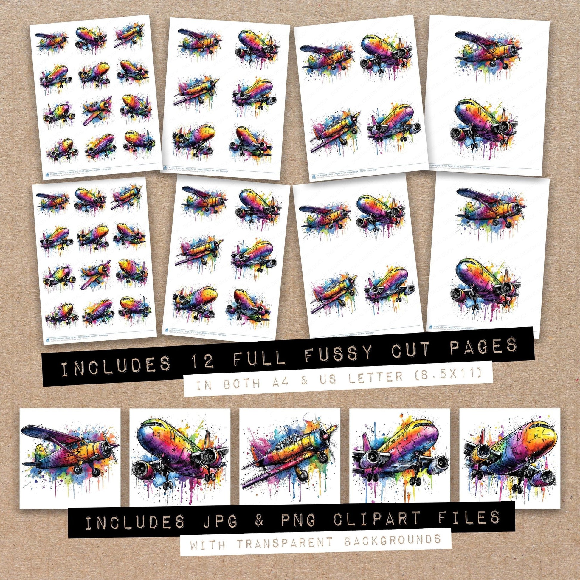 DDD010519_FC Neon Watercolour Airplane Fussy Cut Sheets
