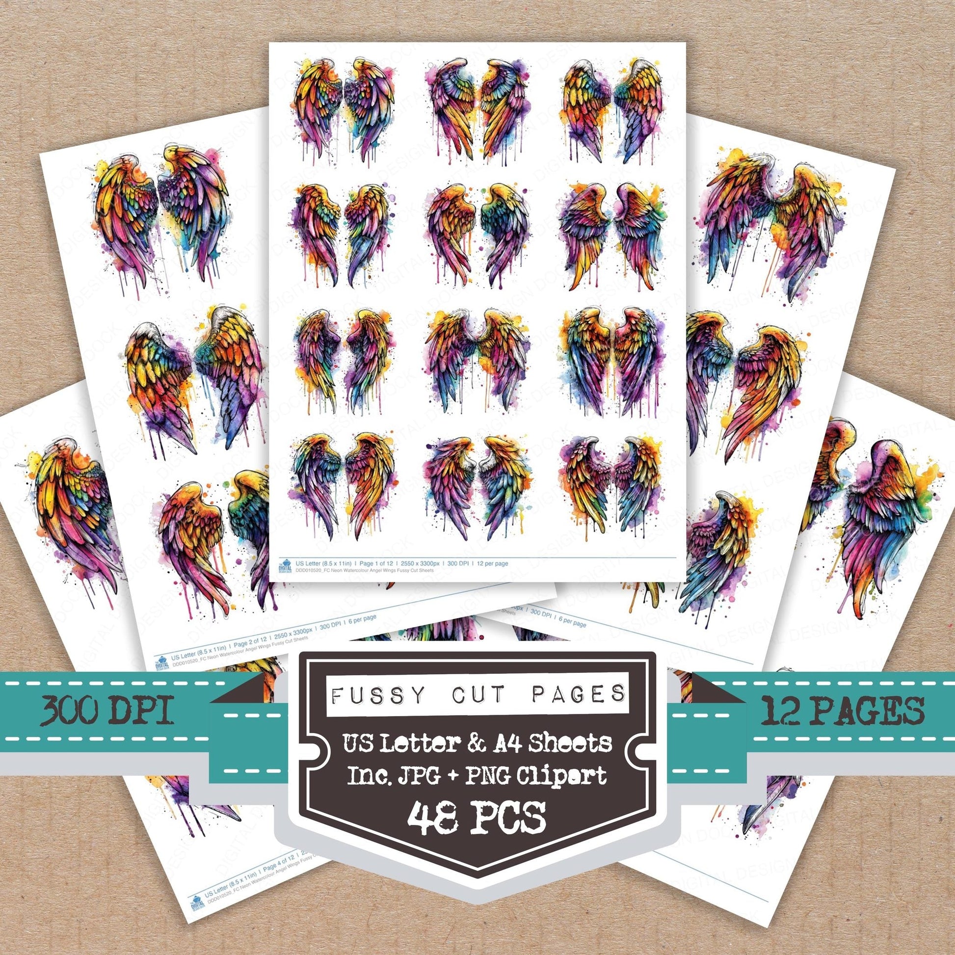 DDD010520_FC Neon Watercolour Angel Wings Fussy Cut Sheets