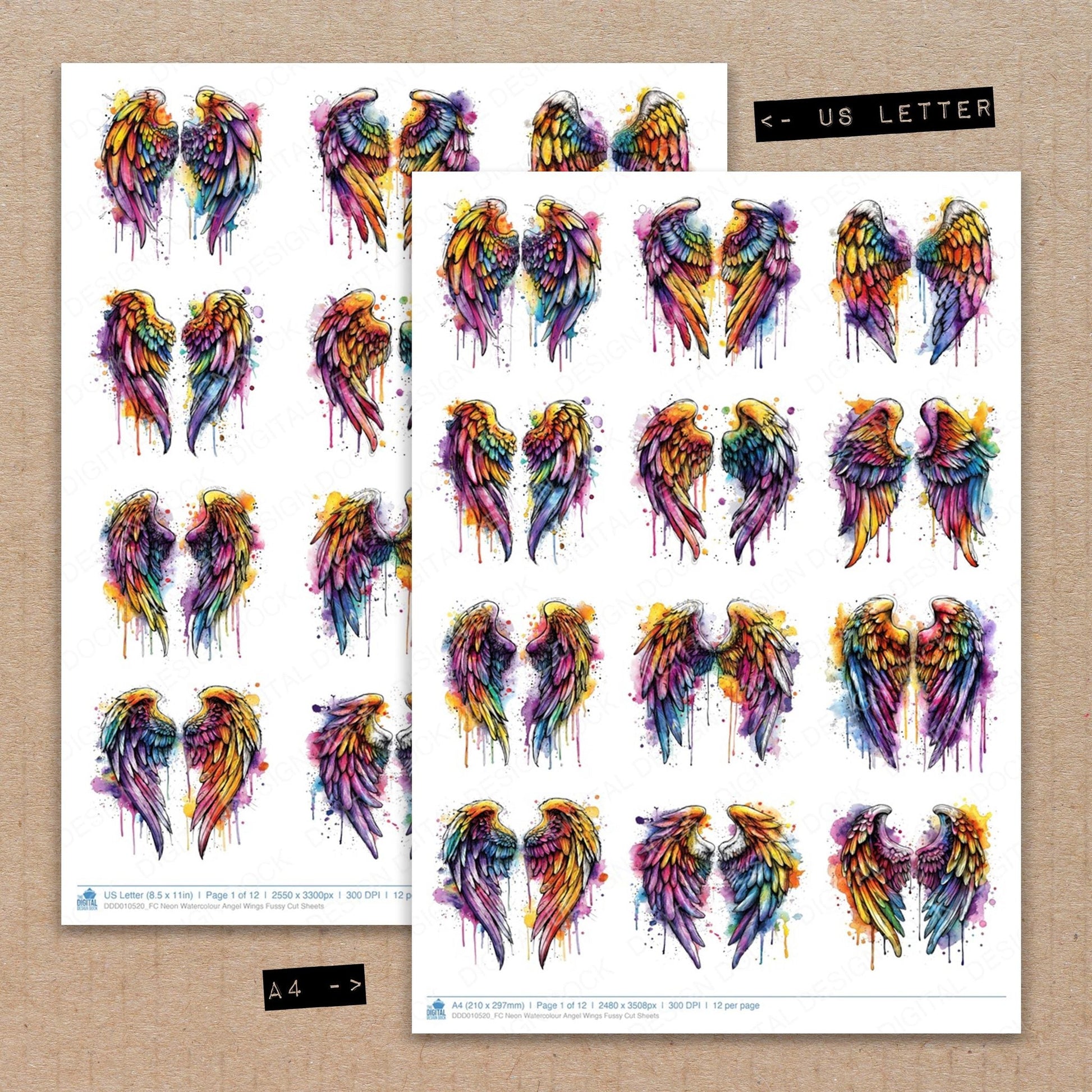 DDD010520_FC Neon Watercolour Angel Wings Fussy Cut Sheets