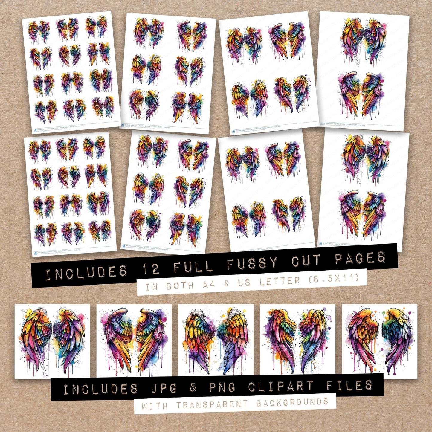 DDD010520_FC Neon Watercolour Angel Wings Fussy Cut Sheets