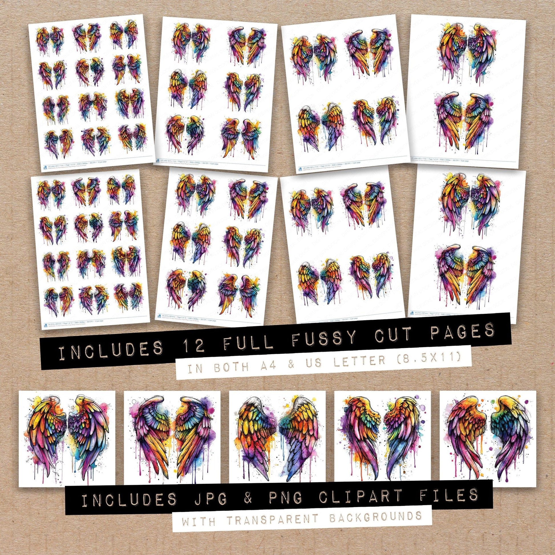 DDD010520_FC Neon Watercolour Angel Wings Fussy Cut Sheets